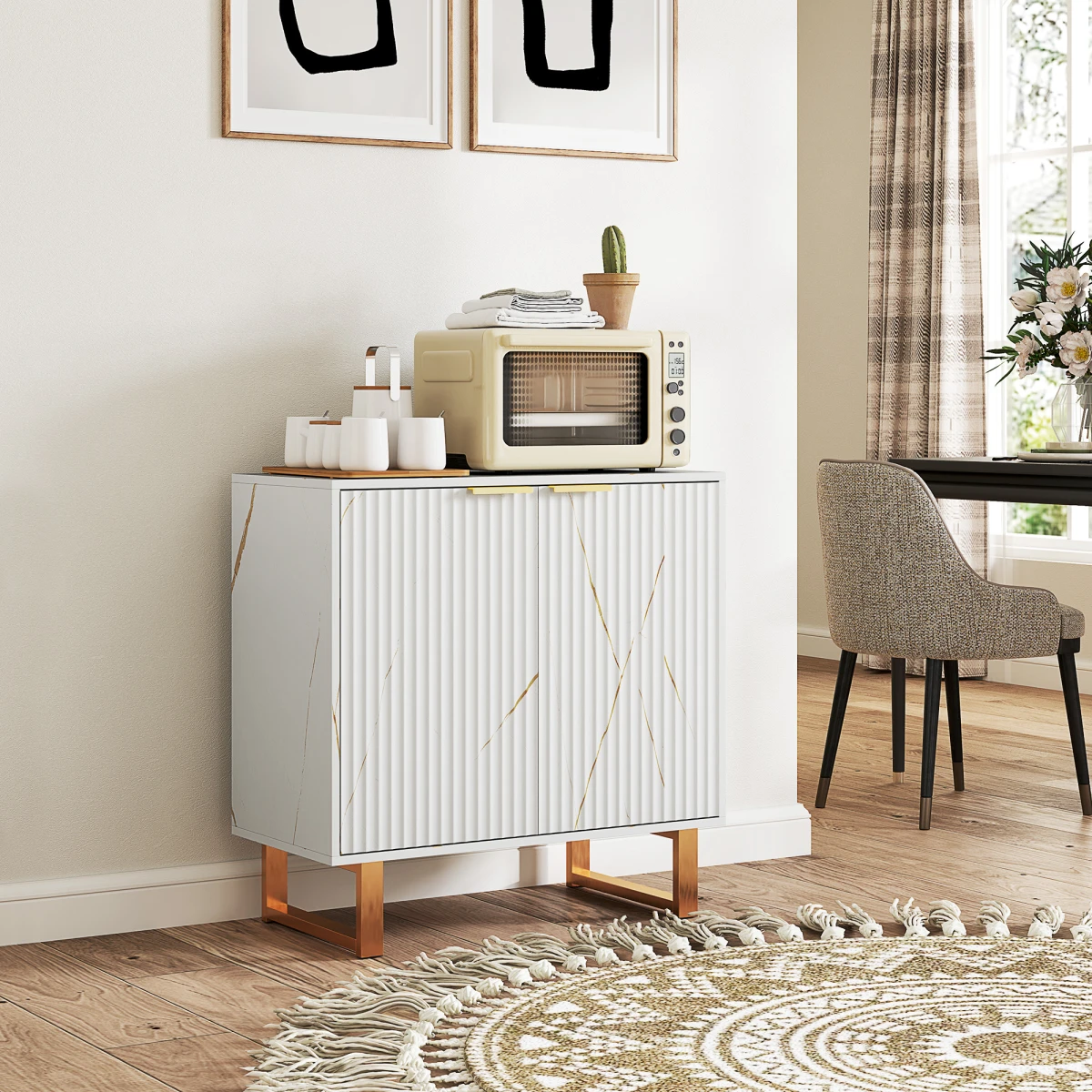 HOMCOM HOMCOM Compact Storage Cabinet With Gold Accents And Ridged Doors For Living Room - Office Storage