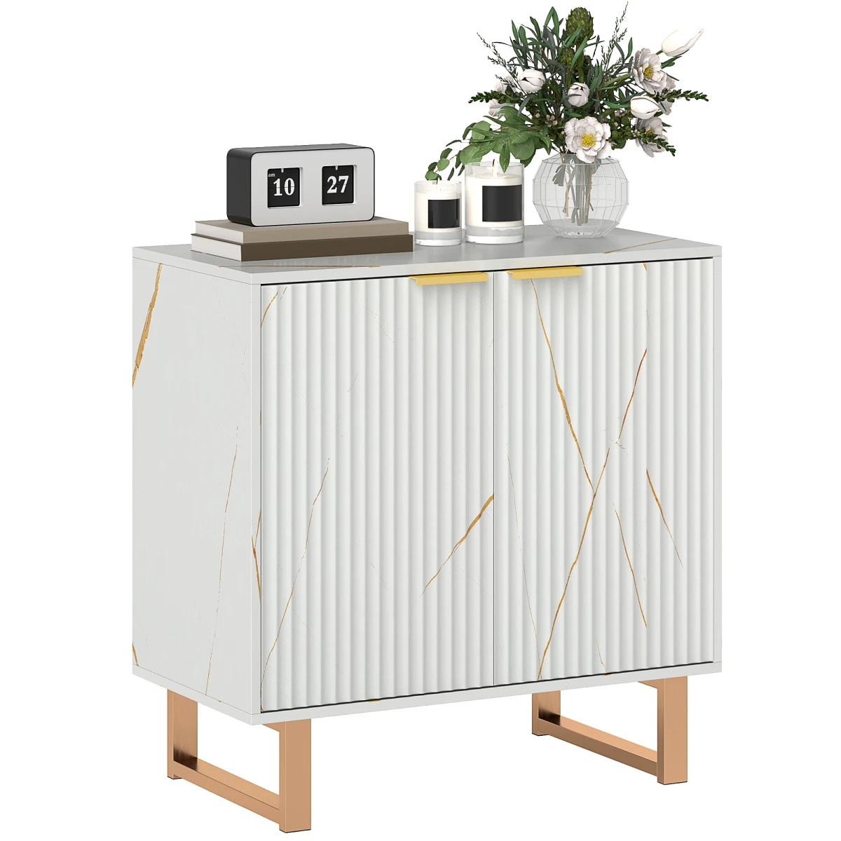 HOMCOM HOMCOM Compact Storage Cabinet With Gold Accents And Ridged Doors For Living Room - Office Storage