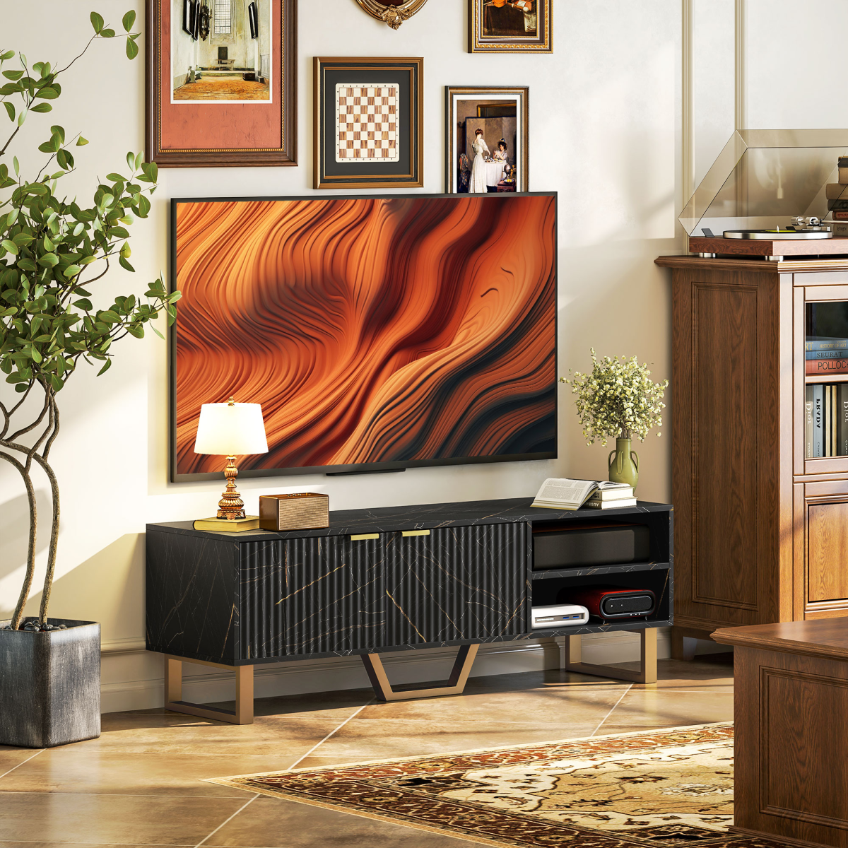 Stylish TV stand with marble-pattern top and concealed storage behind large fluted doors, black with gold legs.