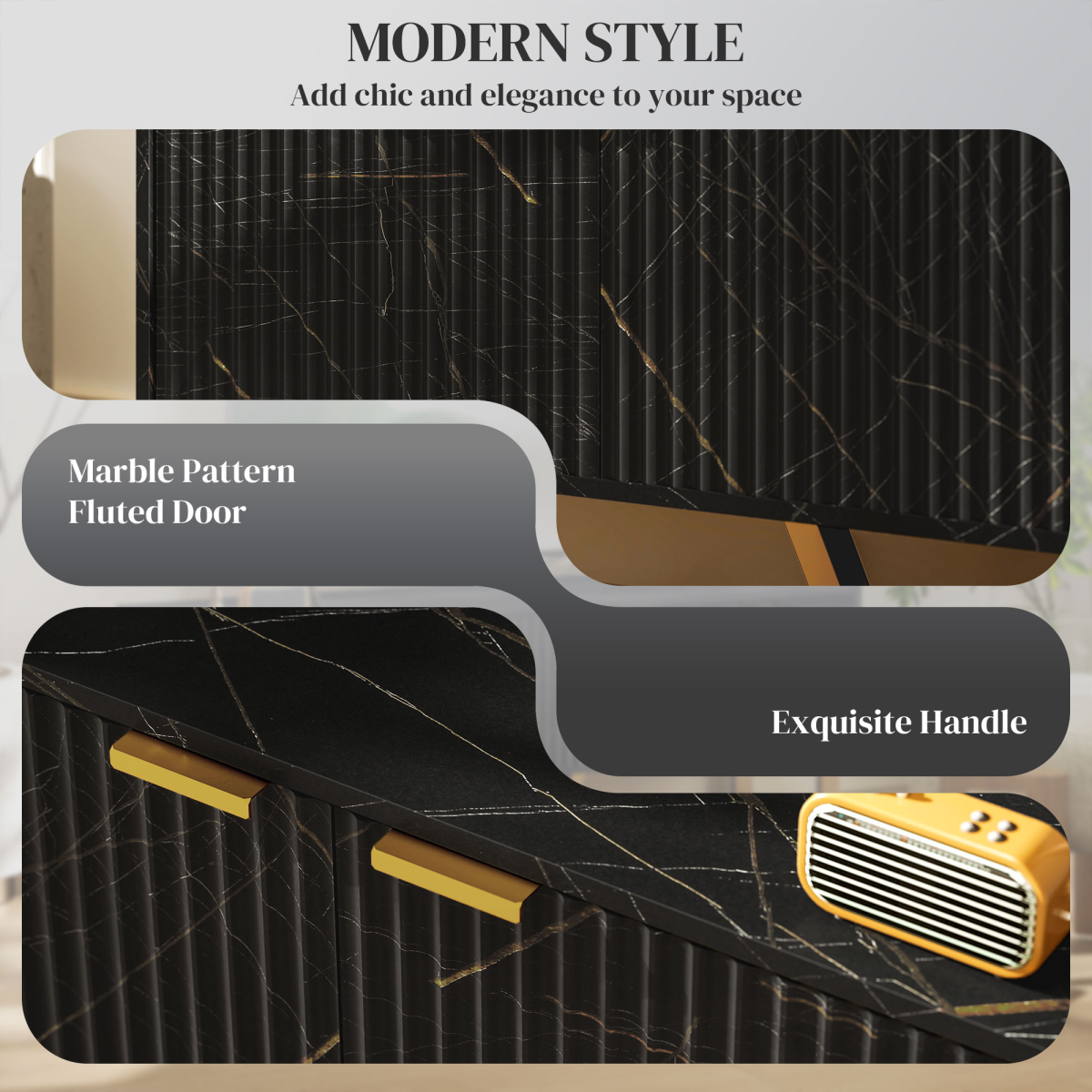 Stylish TV Stand with large fluted doors, black marble-pattern top, concealed storage and gold handles.