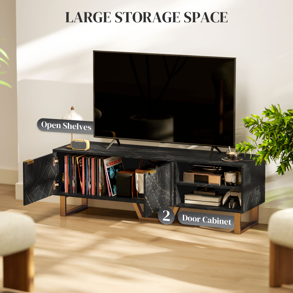 Stylish TV stand with large fluted doors, marble-pattern top, concealed storage and open shelves for living room.