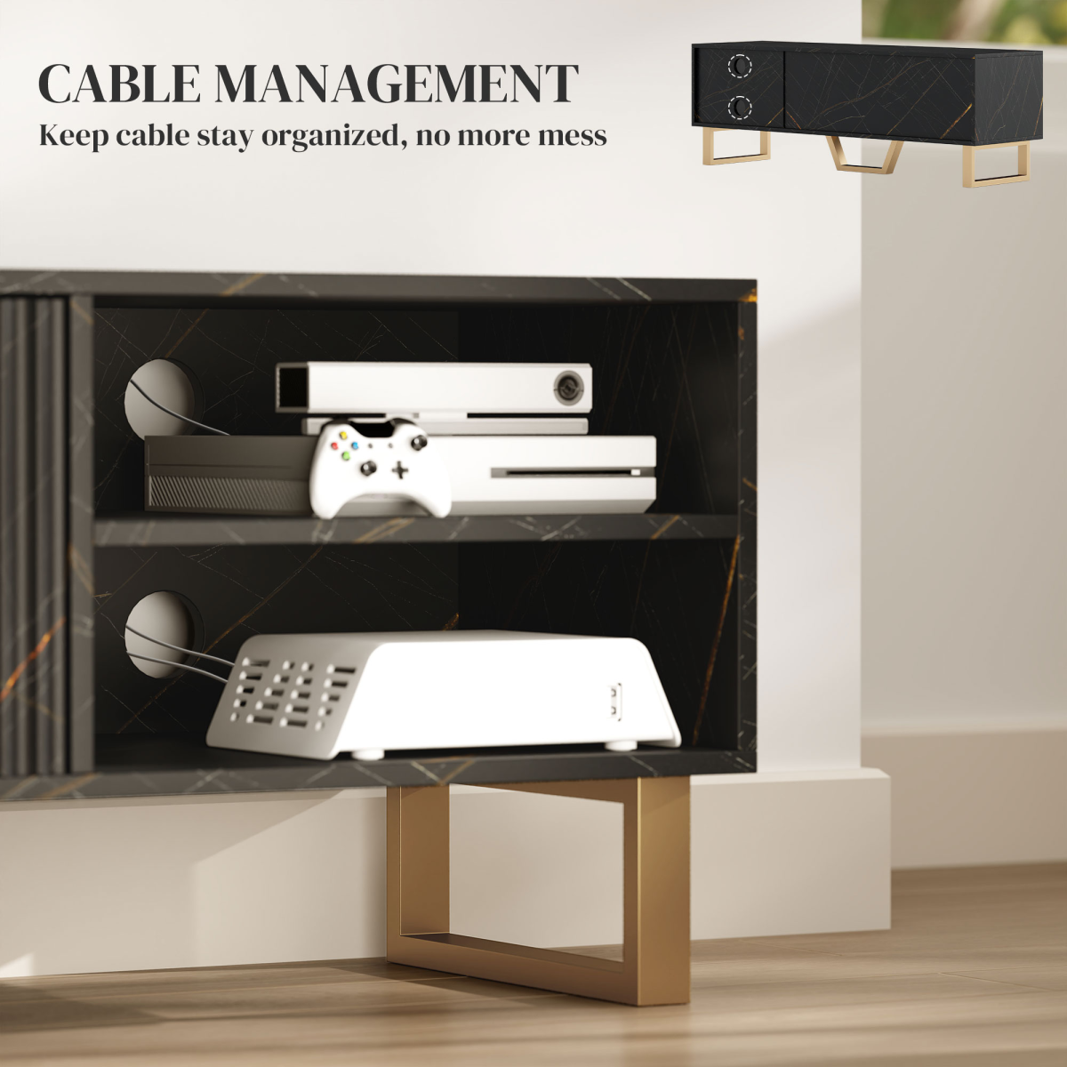 Stylish TV stand with marble-pattern top and large fluted doors, concealed storage for living room.