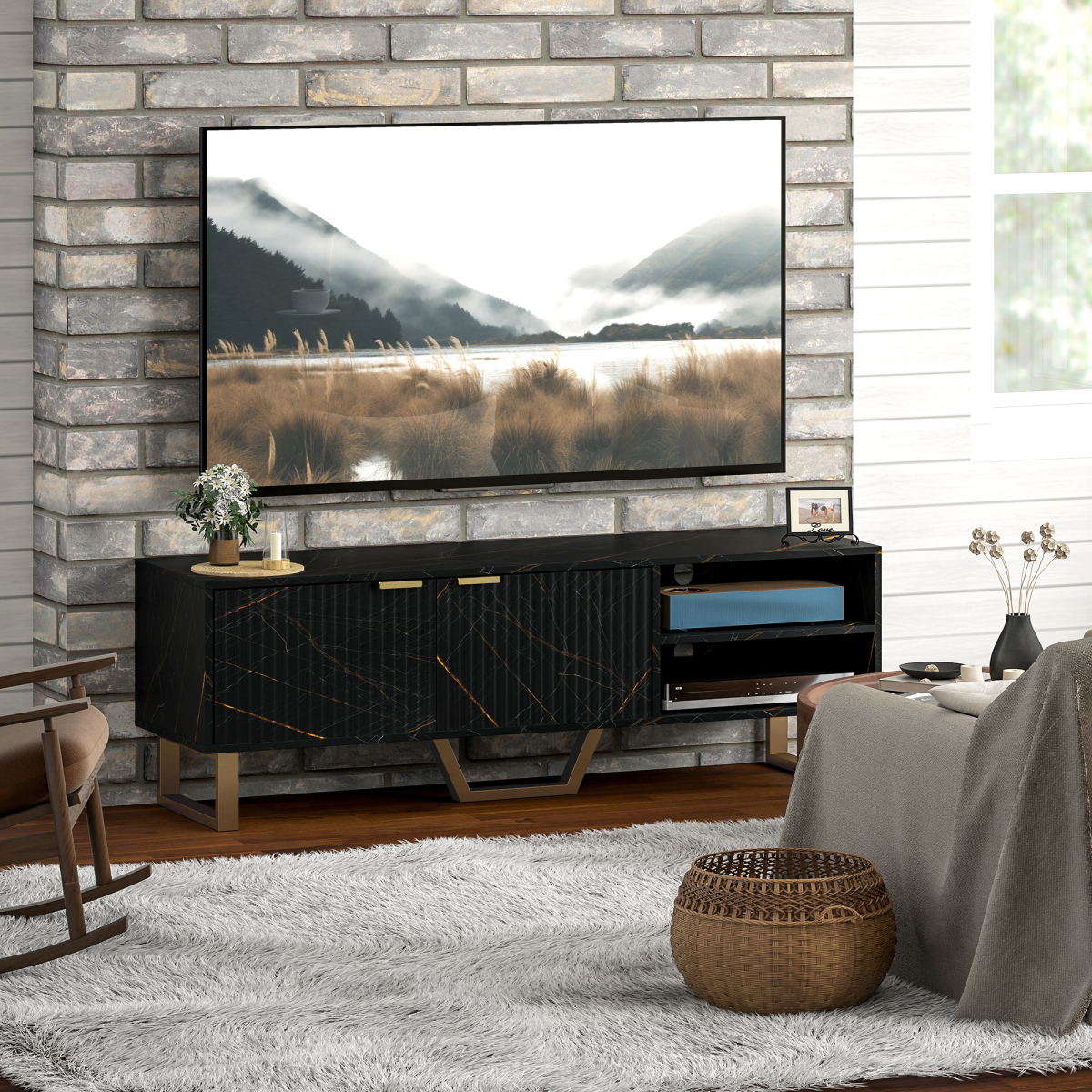 Stylish TV Stand Large Fluted Doors For Living Room with marble-pattern top and concealed storage.