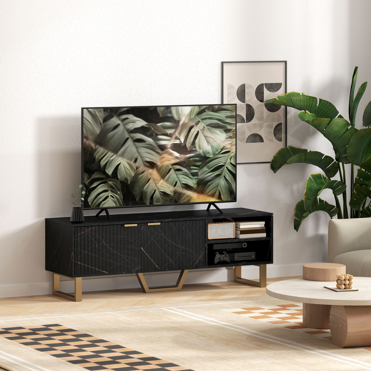 Stylish black TV stand with marble-pattern top, concealed storage behind large fluted doors, gold legs.
