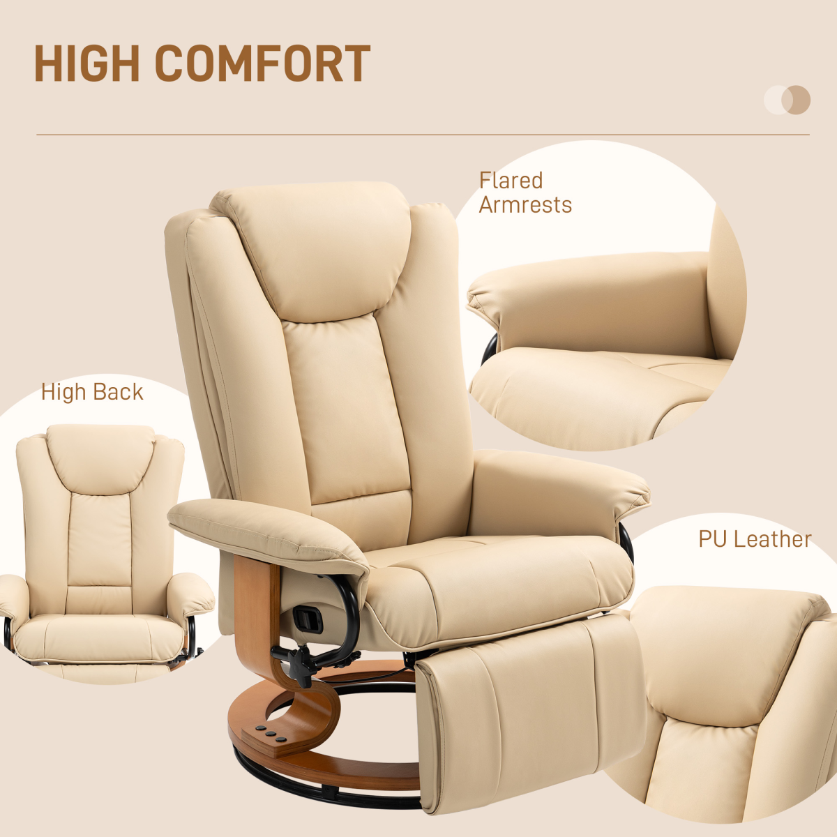 HOMCOM Reclining Armchair 135Degree Footrest LivingRoom with PU Leather, high back, flared armrests, 360° swivel base