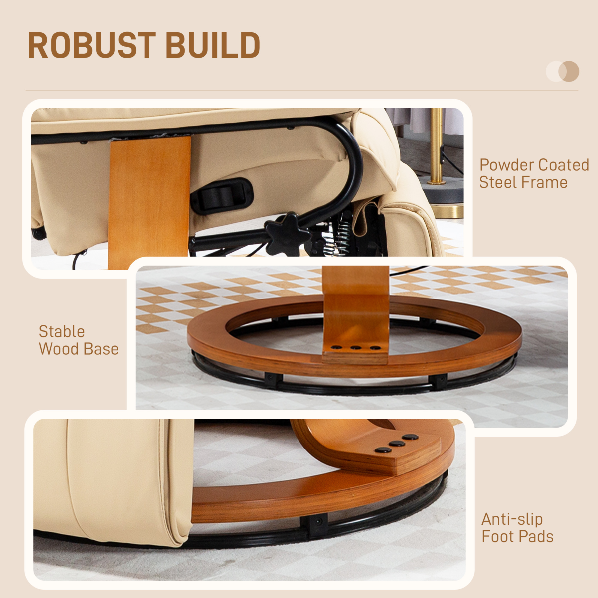 HOMCOM Reclining Armchair 135Degree Footrest LivingRoom with 360° swivel, powder coated steel frame and wood base.