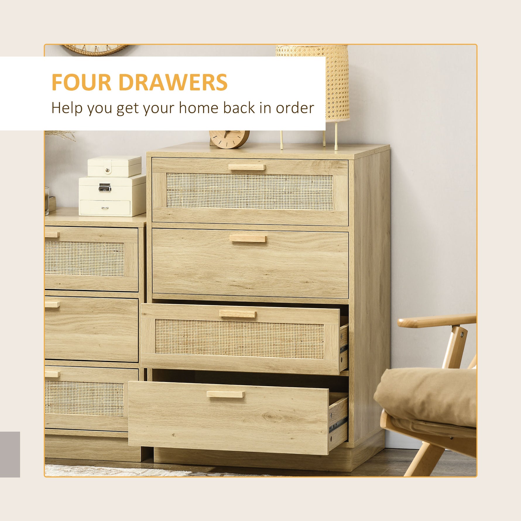 HOMCOM Four Drawer Dresser With Rattan Panels Natural Boho Style Bedroom Storage - HOMCOM - Home Symphony