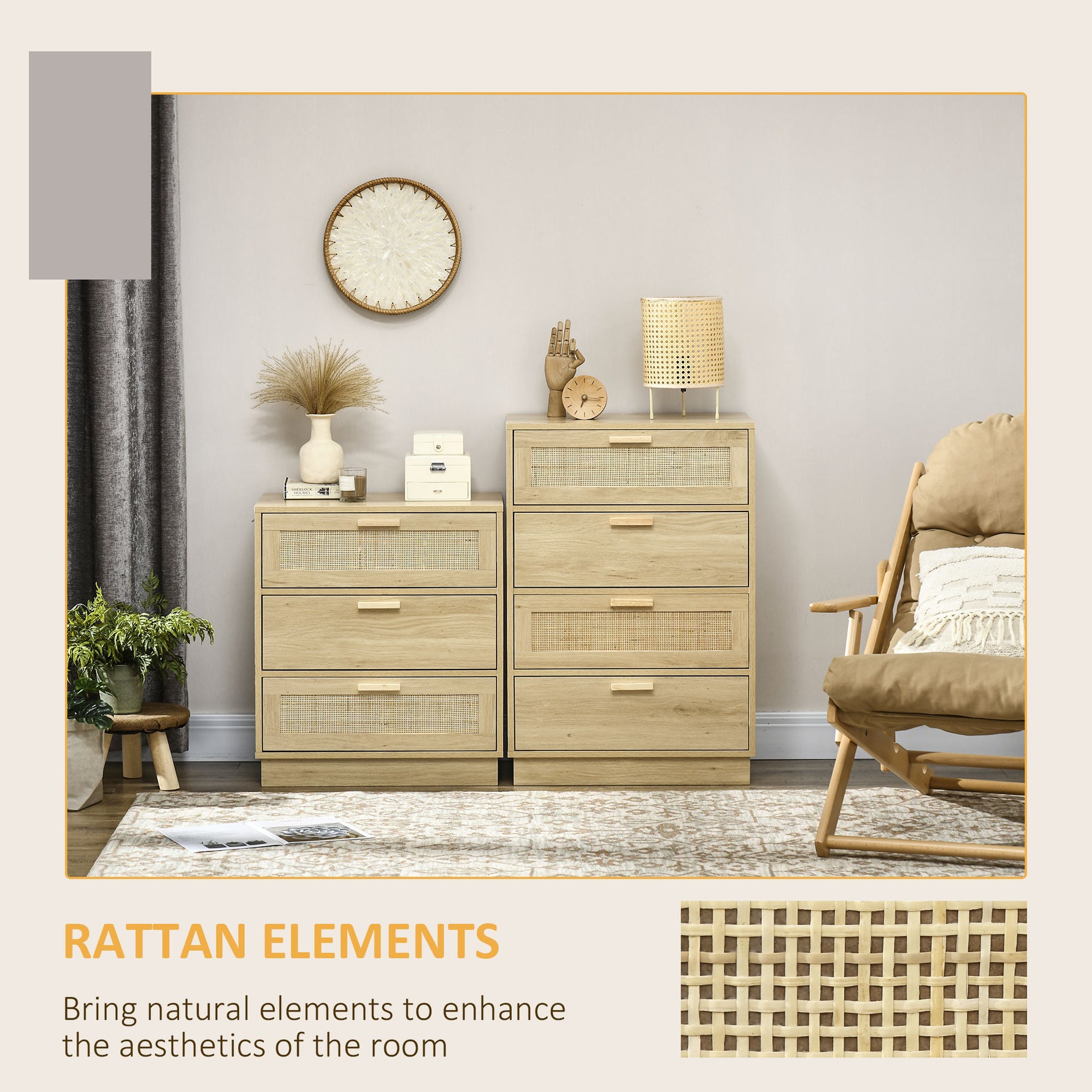 HOMCOM Four Drawer Dresser With Rattan Panels Natural Boho Style Bedroom Storage - HOMCOM - Home Symphony