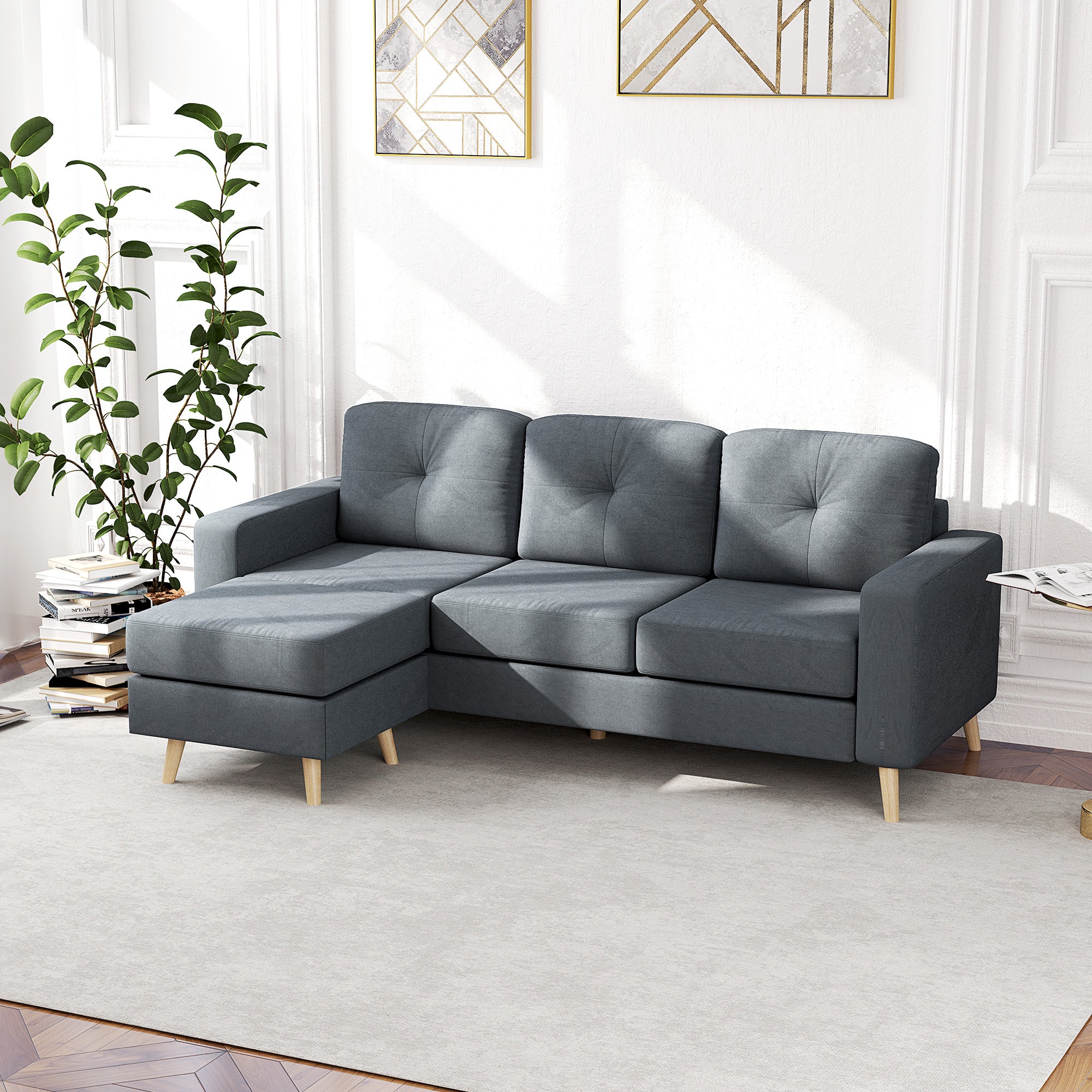 HOMCOM L Shaped Sofa 3Seat Space Saving Linen LivingRoom - HOMCOM - Home Symphony