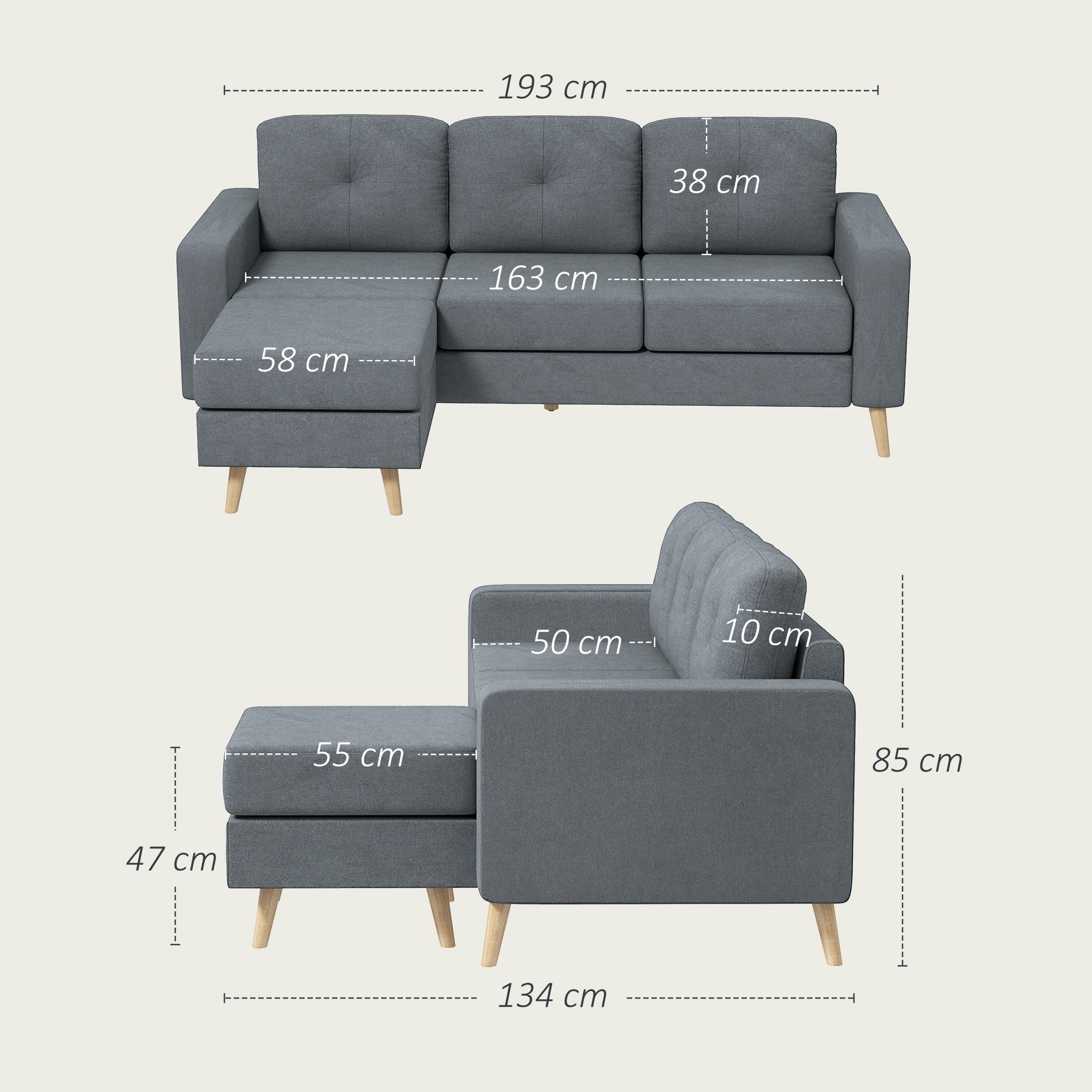 HOMCOM L Shaped Sofa 3Seat Space Saving Linen LivingRoom - HOMCOM - Home Symphony