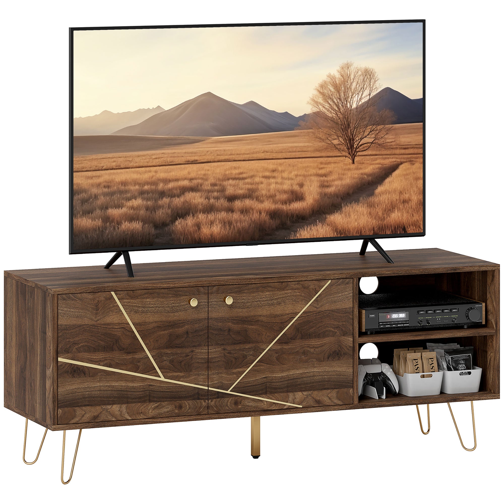 Chic wooden 130cm TV stand with gold-tone accents, diagonal gold lines on doors, adjustable shelves and open storage.