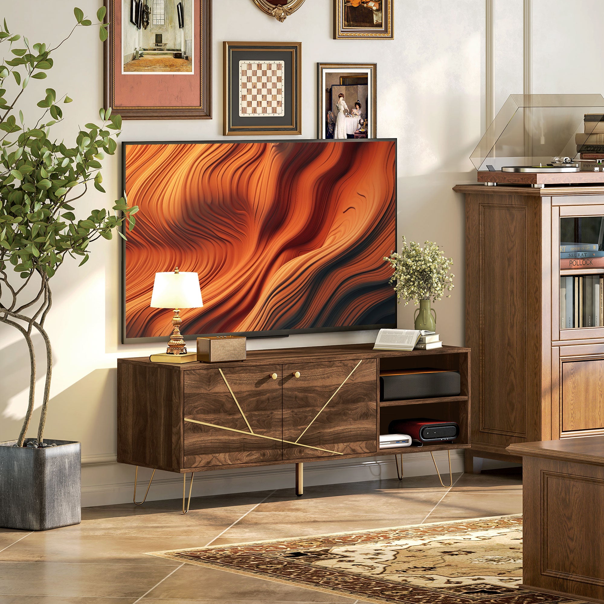 Chic wooden TV stand 130cm with adjustable shelves, warm wood grain and gold-tone accents for up to 60-inch TVs