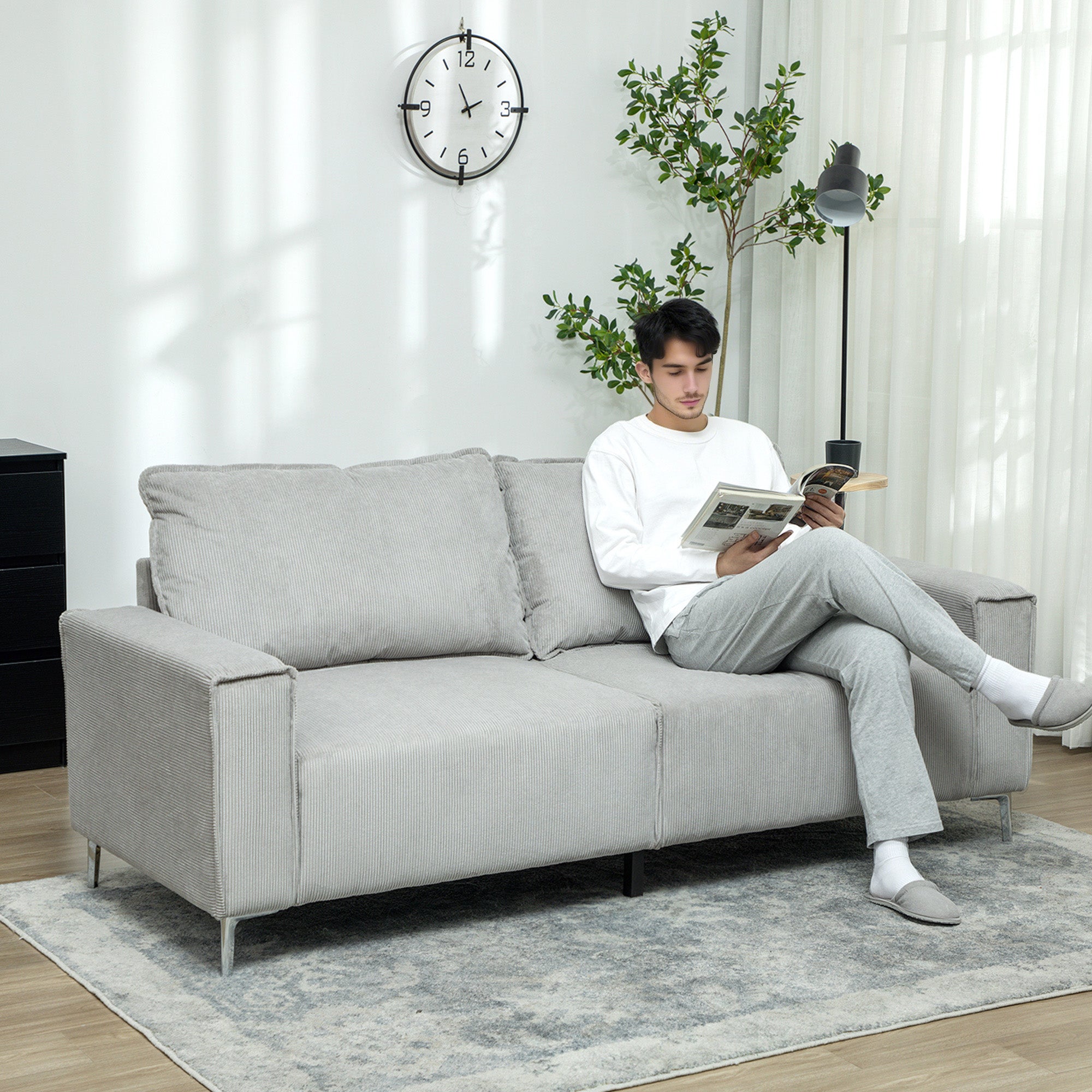 Cosy Corduroy Sofa Three Seater Grey Upholstered Living - HOMCOM - Home Symphony