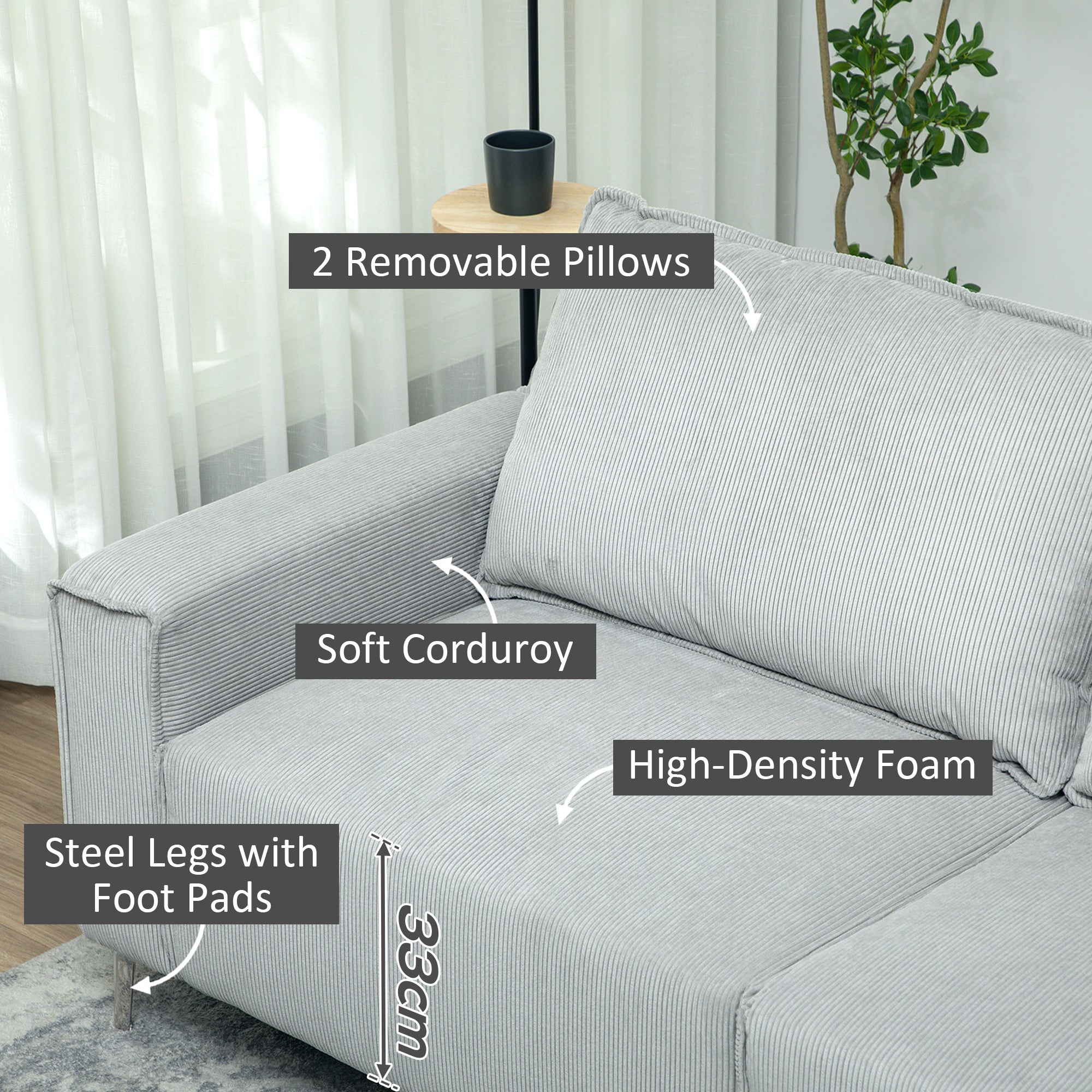 Cosy Corduroy Sofa Three Seater Grey Upholstered Living - HOMCOM - Home Symphony