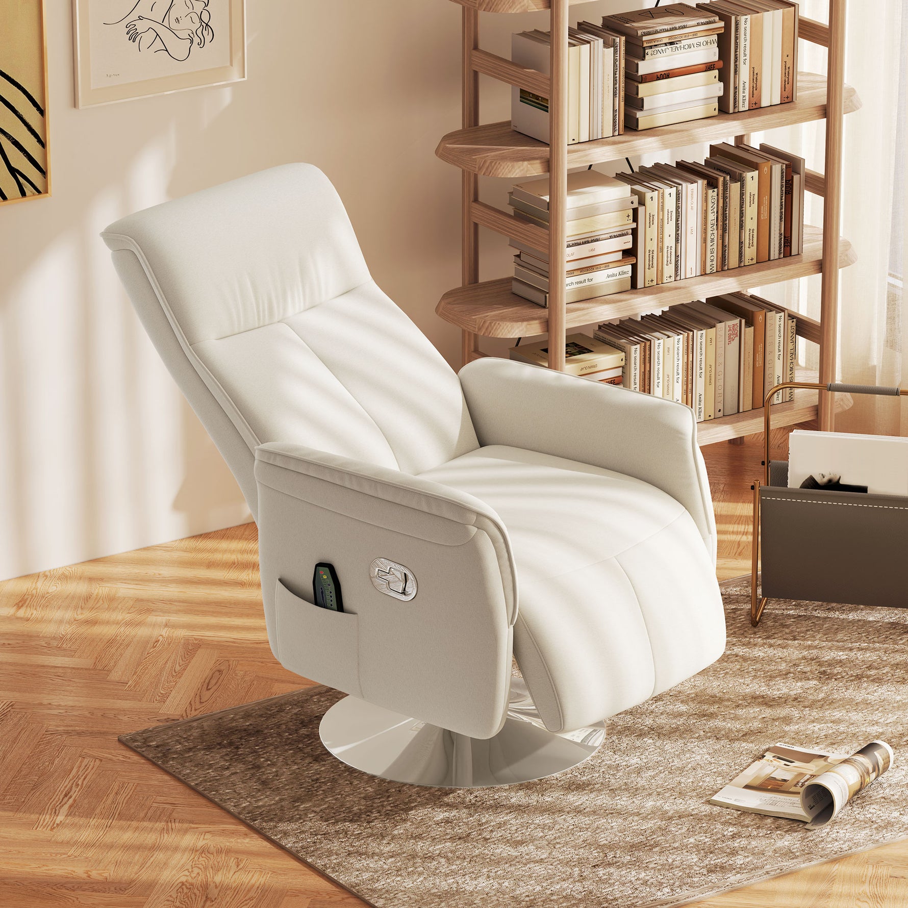 HOMCOM Massage Recliner 135 Degree Recline 10 Point Home Use in cream linen, a cozy living room by bookshelf.