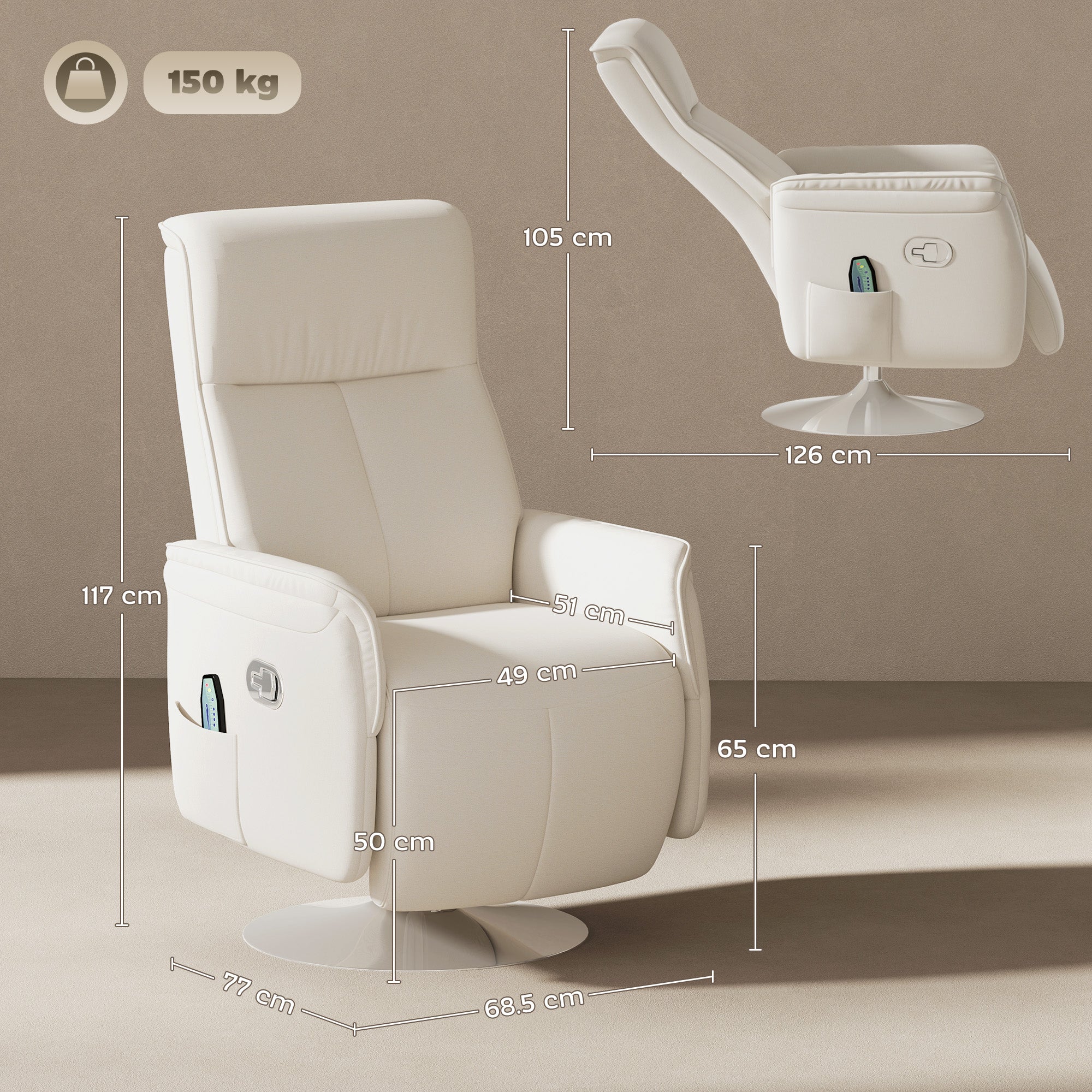 HOMCOM Massage Recliner 135 Degree Recline 10 Point Home Use cream linen recliner with retractable footrest