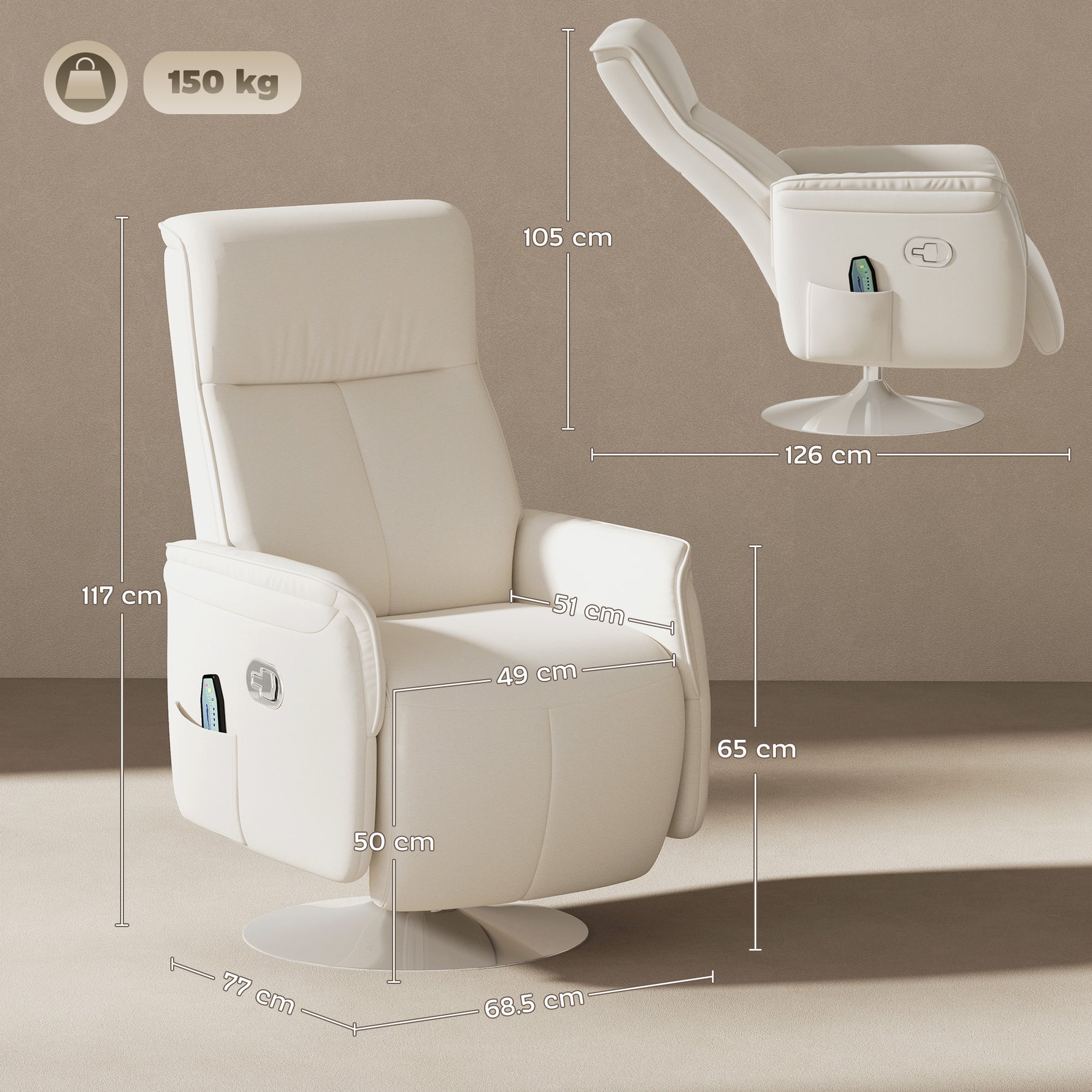HOMCOM Massage Recliner 135 Degree Recline 10 Point Home Use cream linen recliner with retractable footrest
