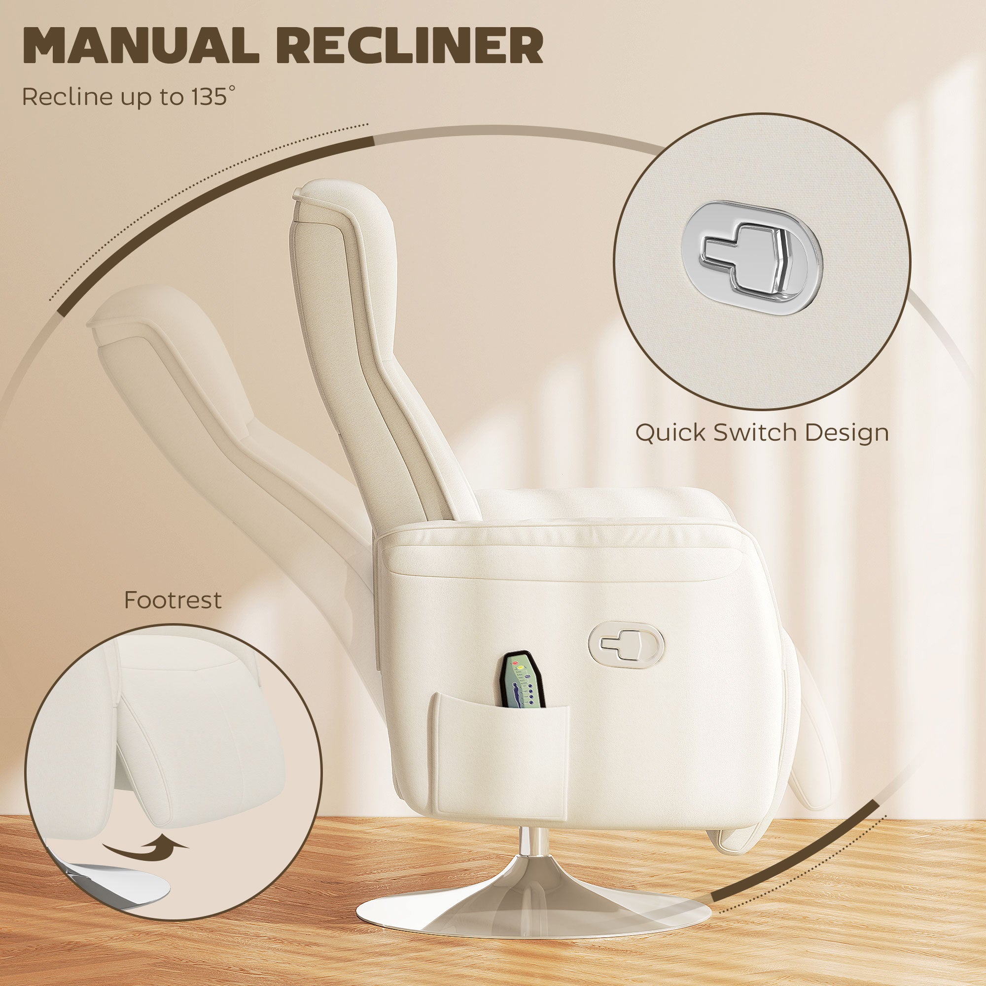 HOMCOM Massage Recliner 135 Degree Recline 10 Point Home Use cream linen with retractable footrest