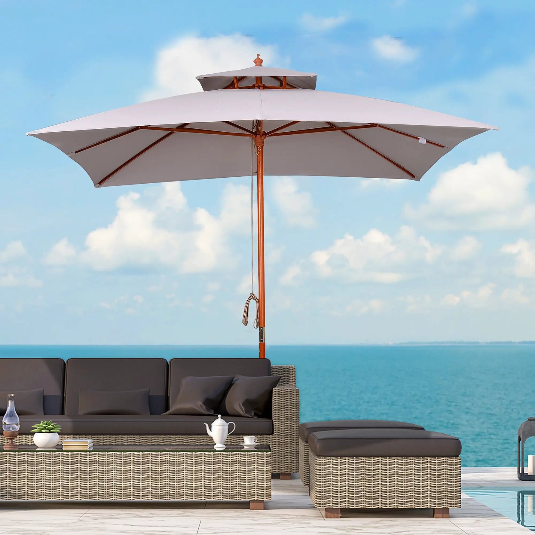 Outsunny Stylish Double-Tier Parasol with Pulley System for Garden & Courtyard - Parasol