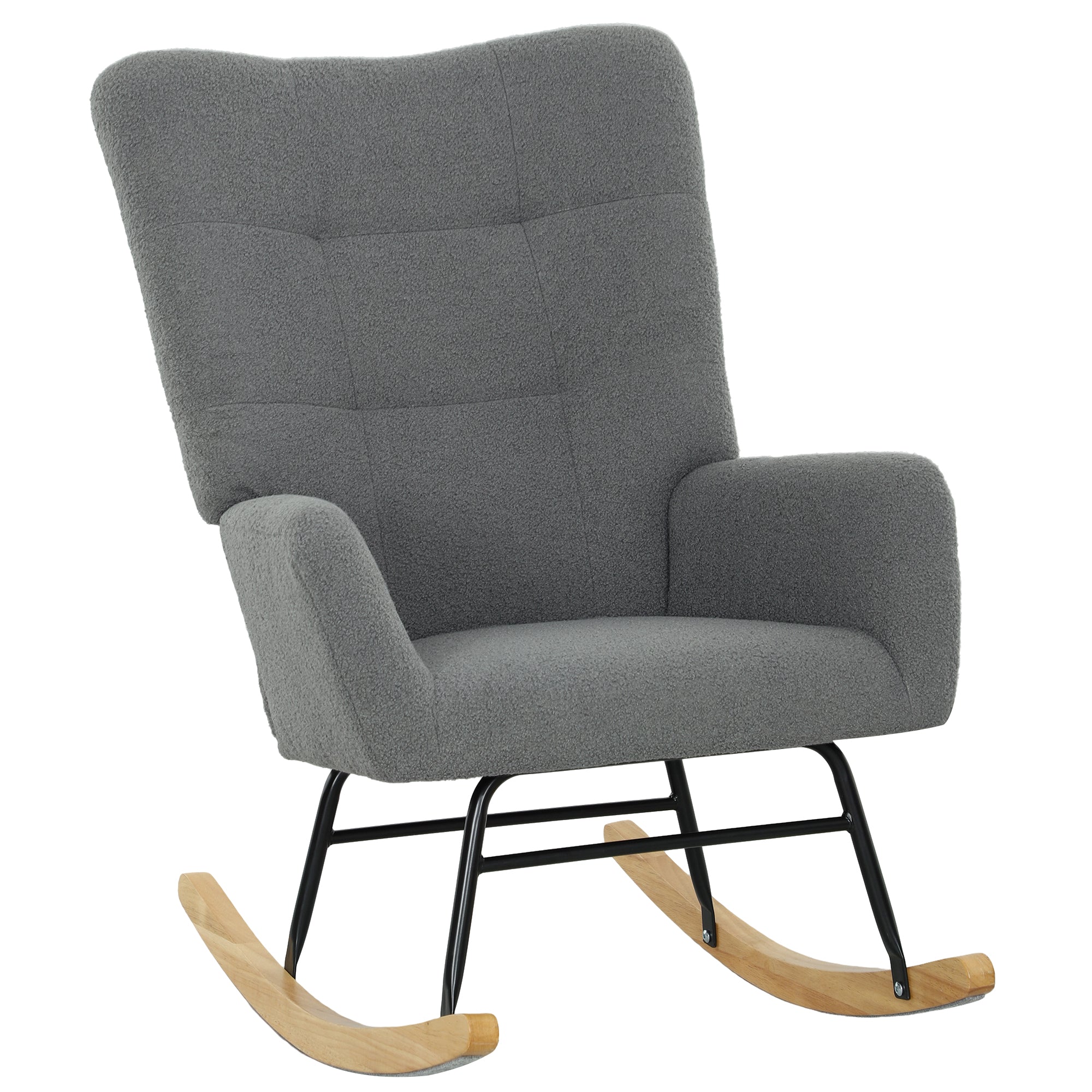 HOMCOM grey teddy fleece rocking chair with high back and wide seat on wooden rockers for modern bedrooms.