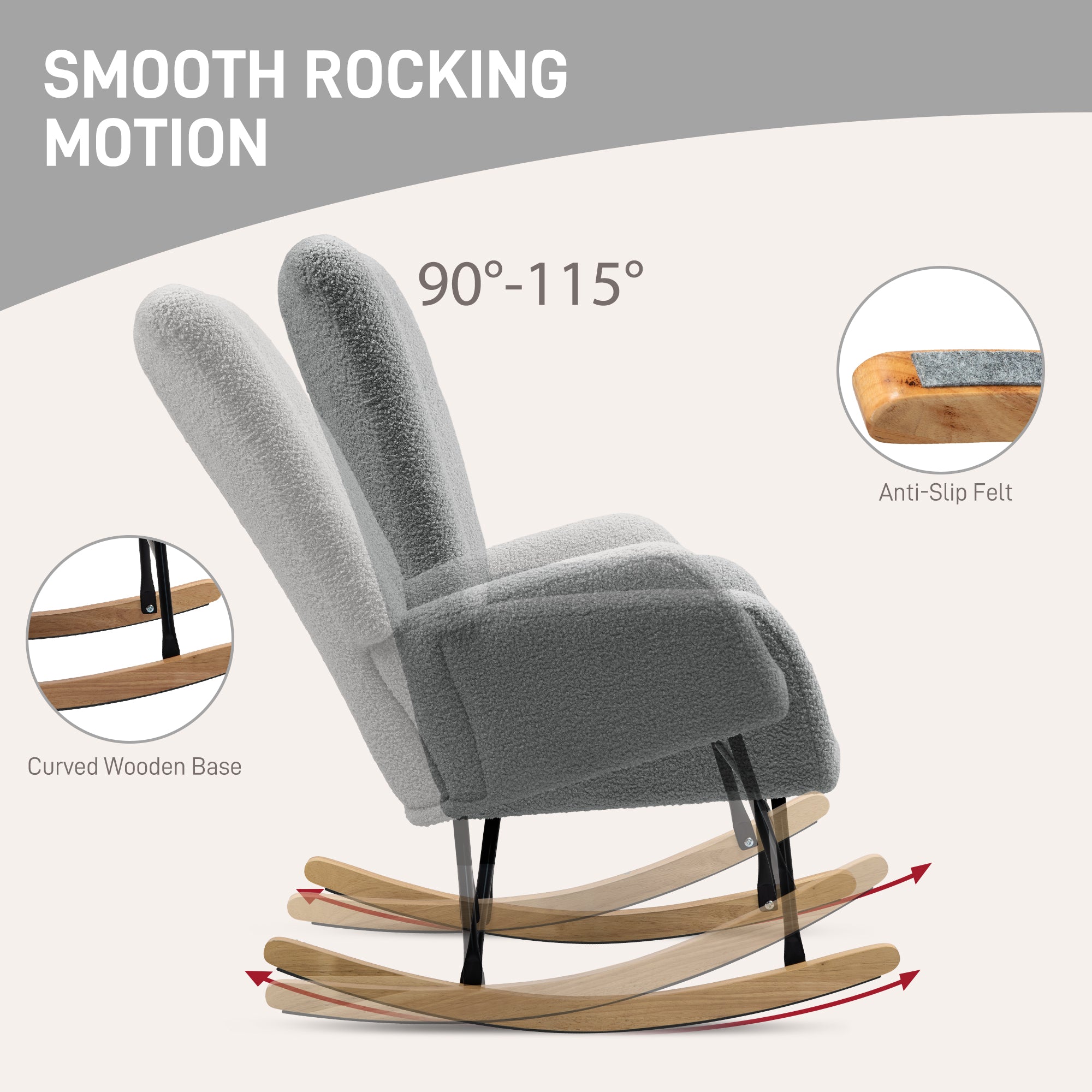 HOMCOM teddy-fleece grey rocking chair with 90-115° motion, high back and curved wooden rockers for modern bedrooms.