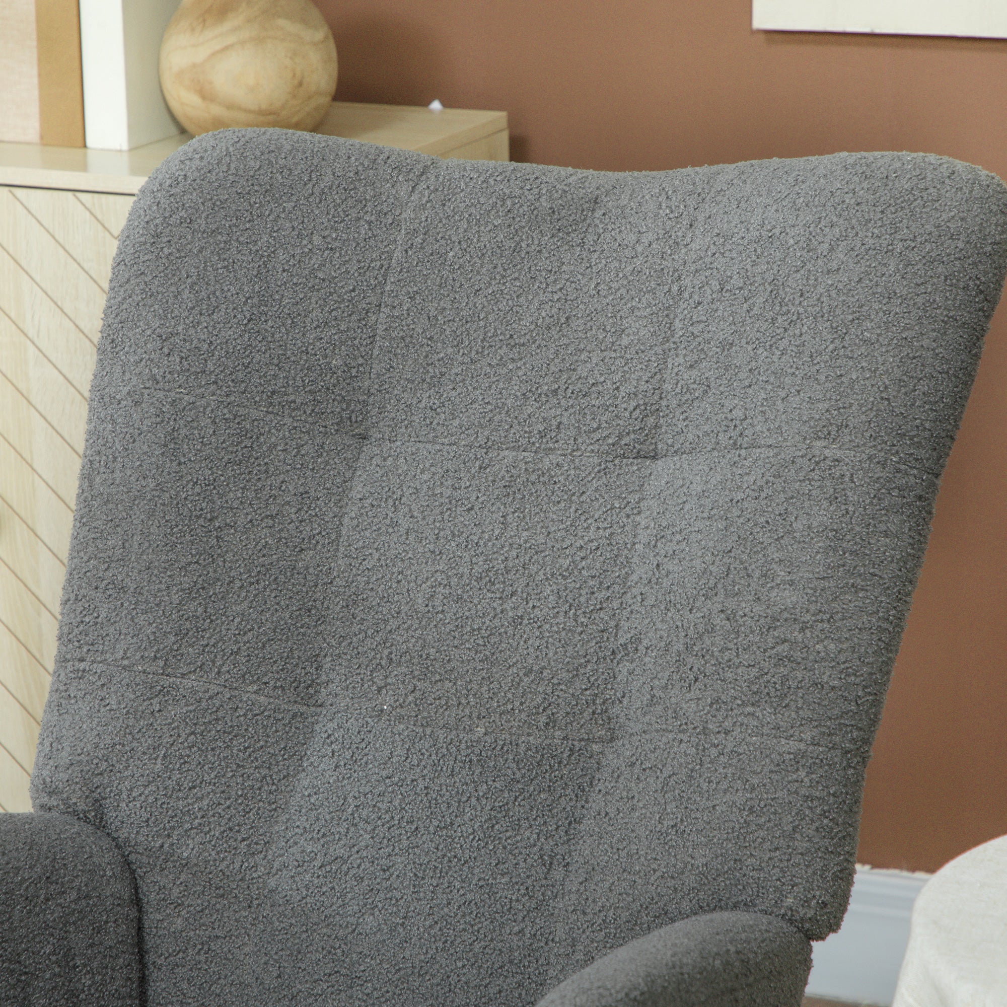Grey teddy-fleece HOMCOM rocking chair with a wide seat and high back for a modern bedroom.