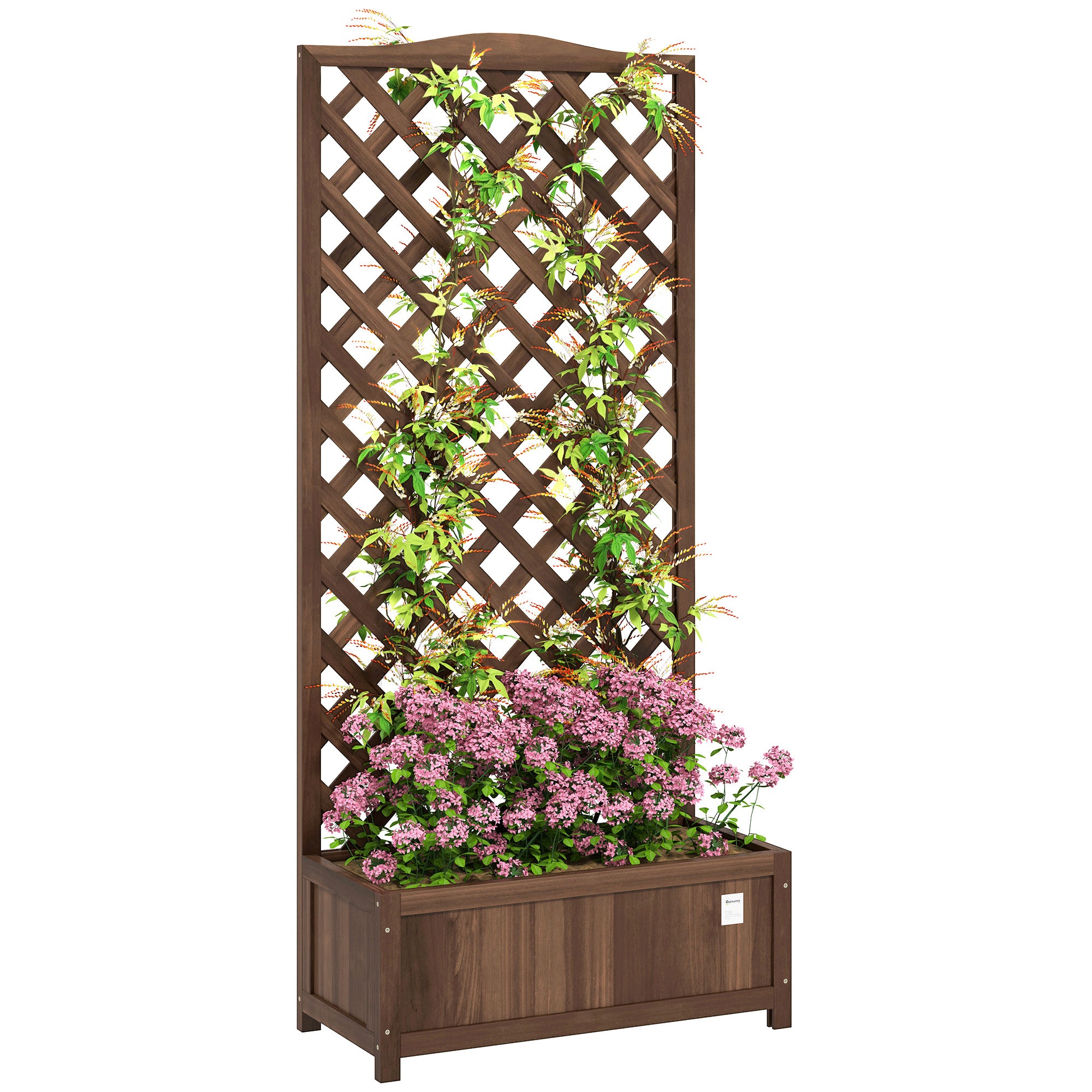 Outsunny garden planter box with raised bed and back trellis, pink flowers at the base and climbing green vines.