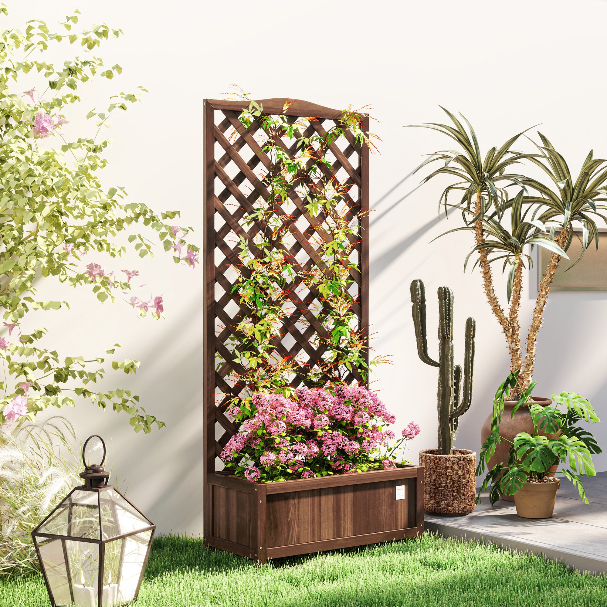Outsunny garden planter box raised bed trellis outdoor with a tall lattice back and pink flowering plants.