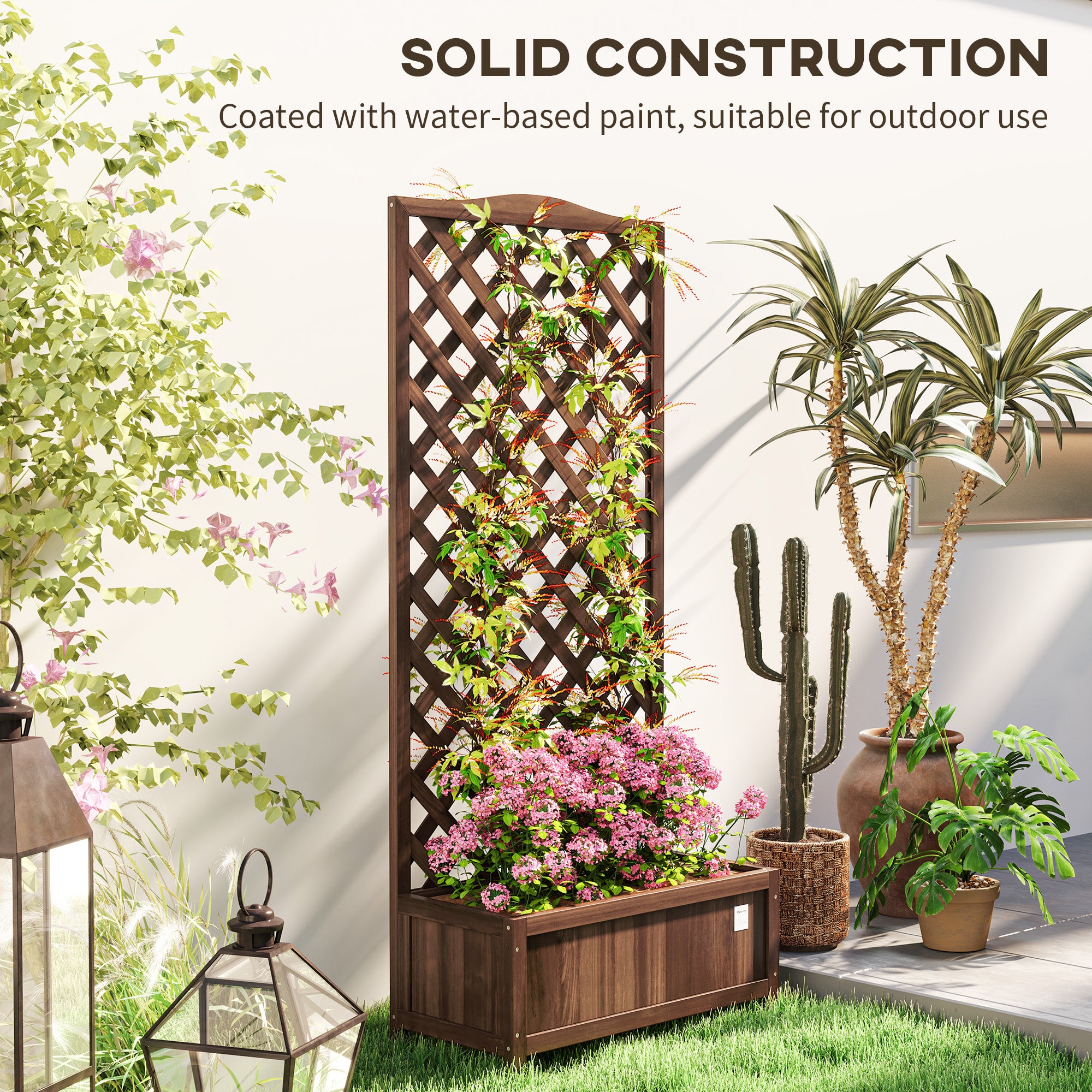 Tall wooden garden planter box with a back lattice trellis, filled with climbing vines and pink flowers.