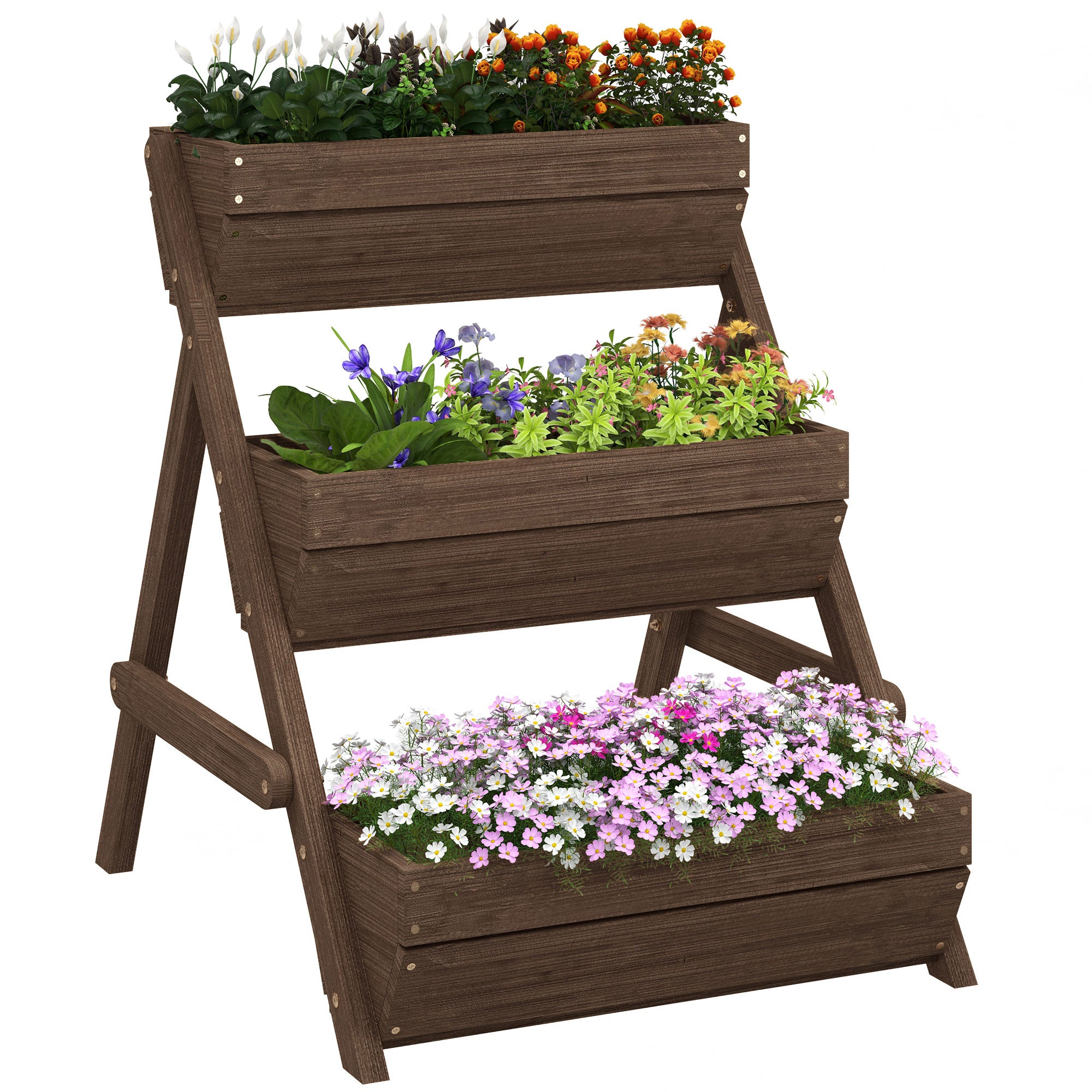 Premium 3 Tier Raised Garden Bed Wood Planter Kit in tan, three levels for flowers, herbs and vegetables.
