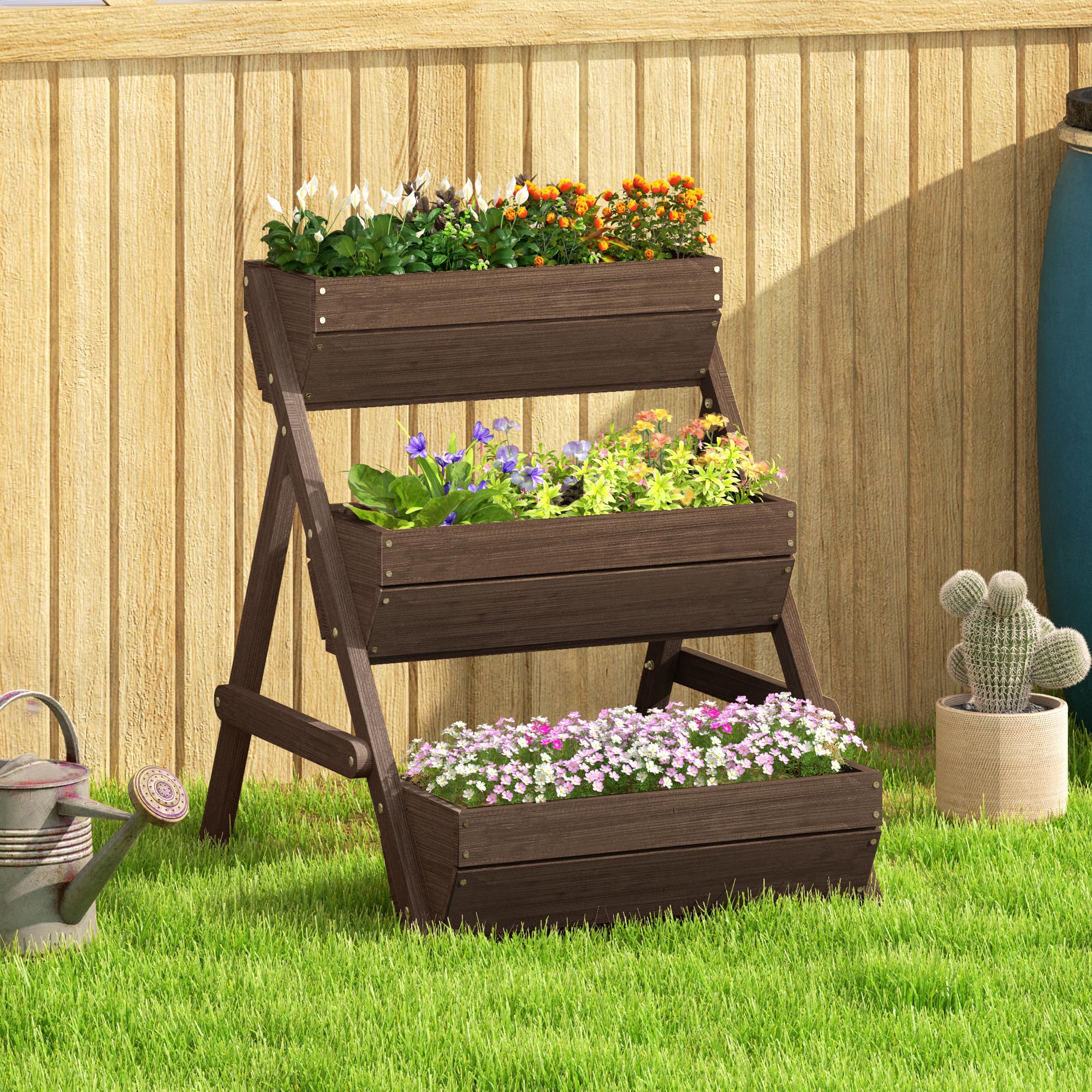 Premium 3 Tier Raised Garden Bed Wood Planter Kit in tan finish on a stand, filled with flowers and herbs.