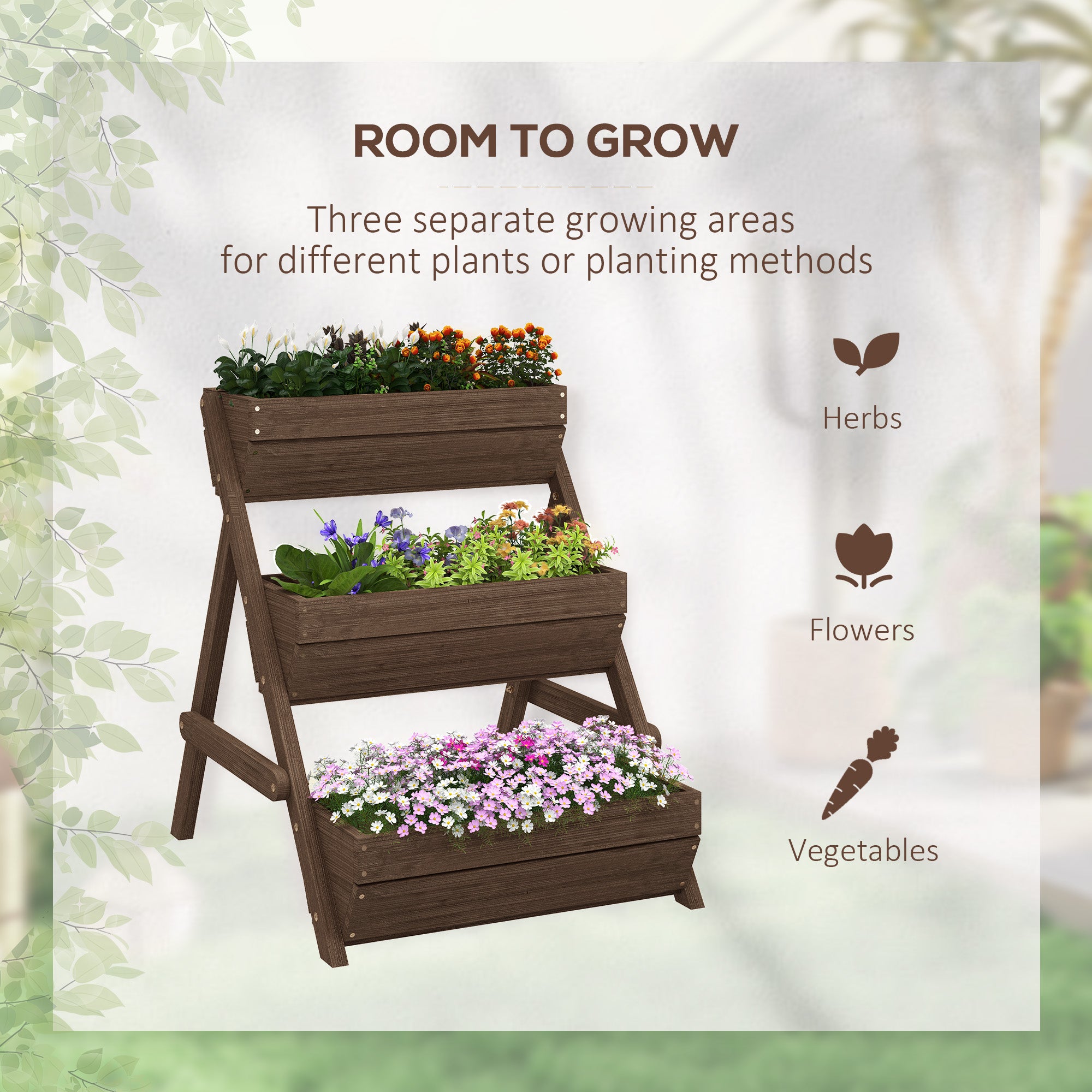 Premium 3-tier tan wood raised garden bed planter kit for flowers, herbs and vegetables.
