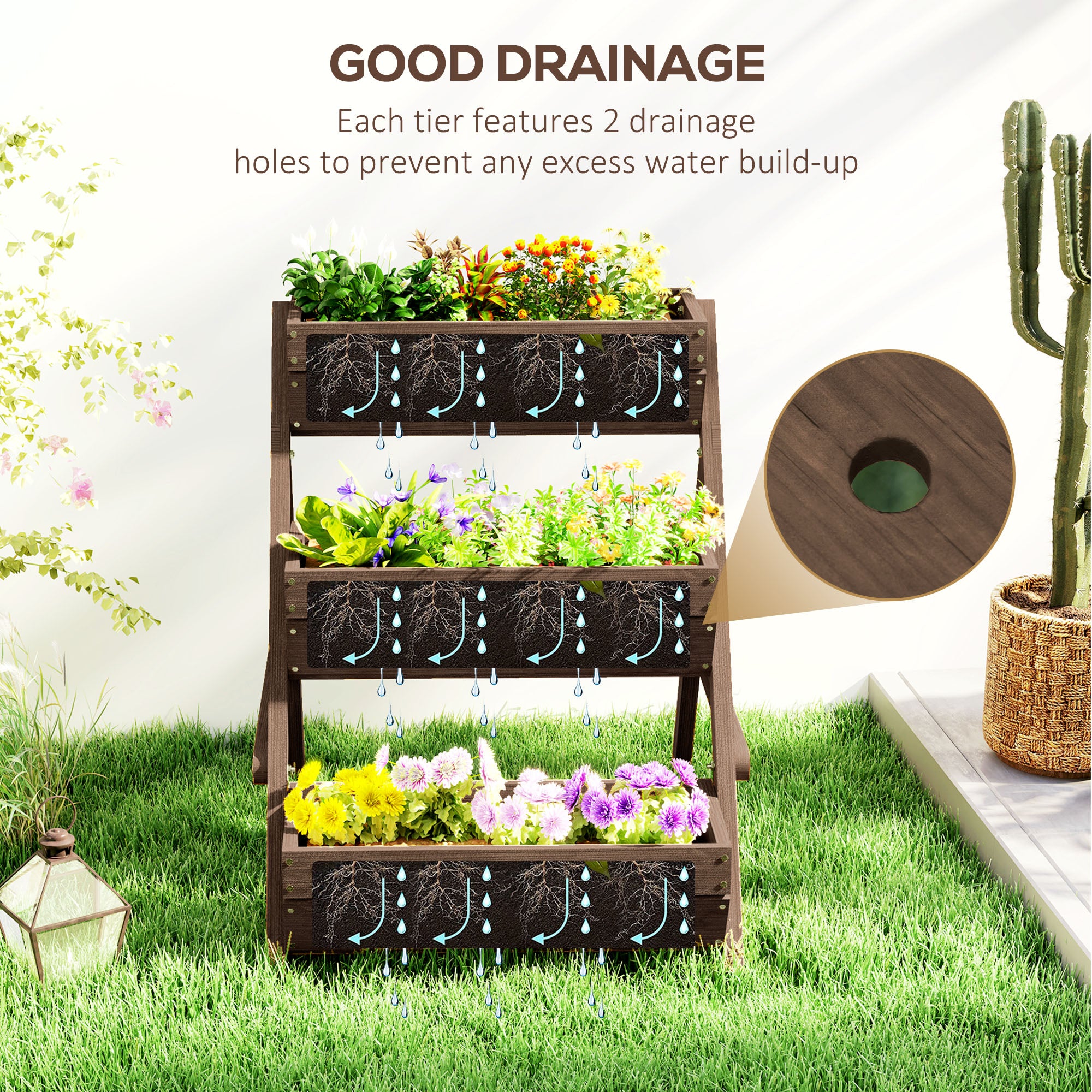 Premium 3-tier tan wooden raised garden bed planter on patio with flowers and drainage holes.
