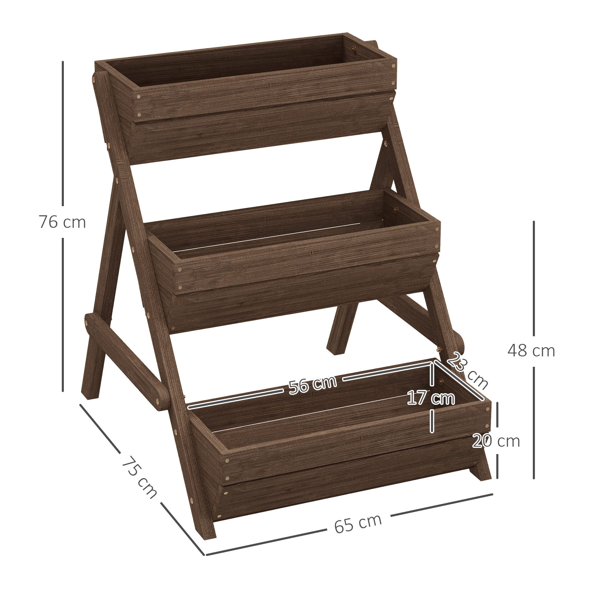 Premium 3-tier tan wooden raised garden bed planter on an A-frame stand with drainage holes for a patio.