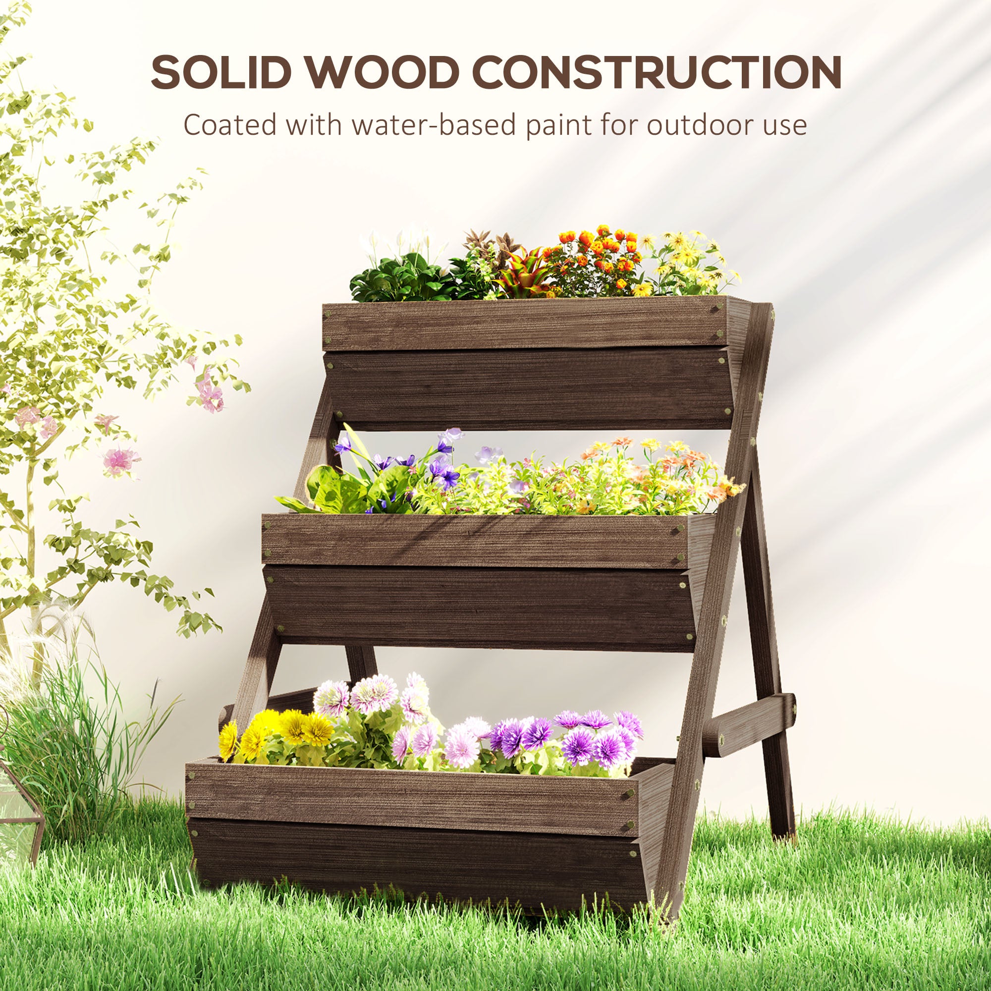 3-tier tan wooden raised garden bed planter on lawn for flowers, herbs, and vegetables.