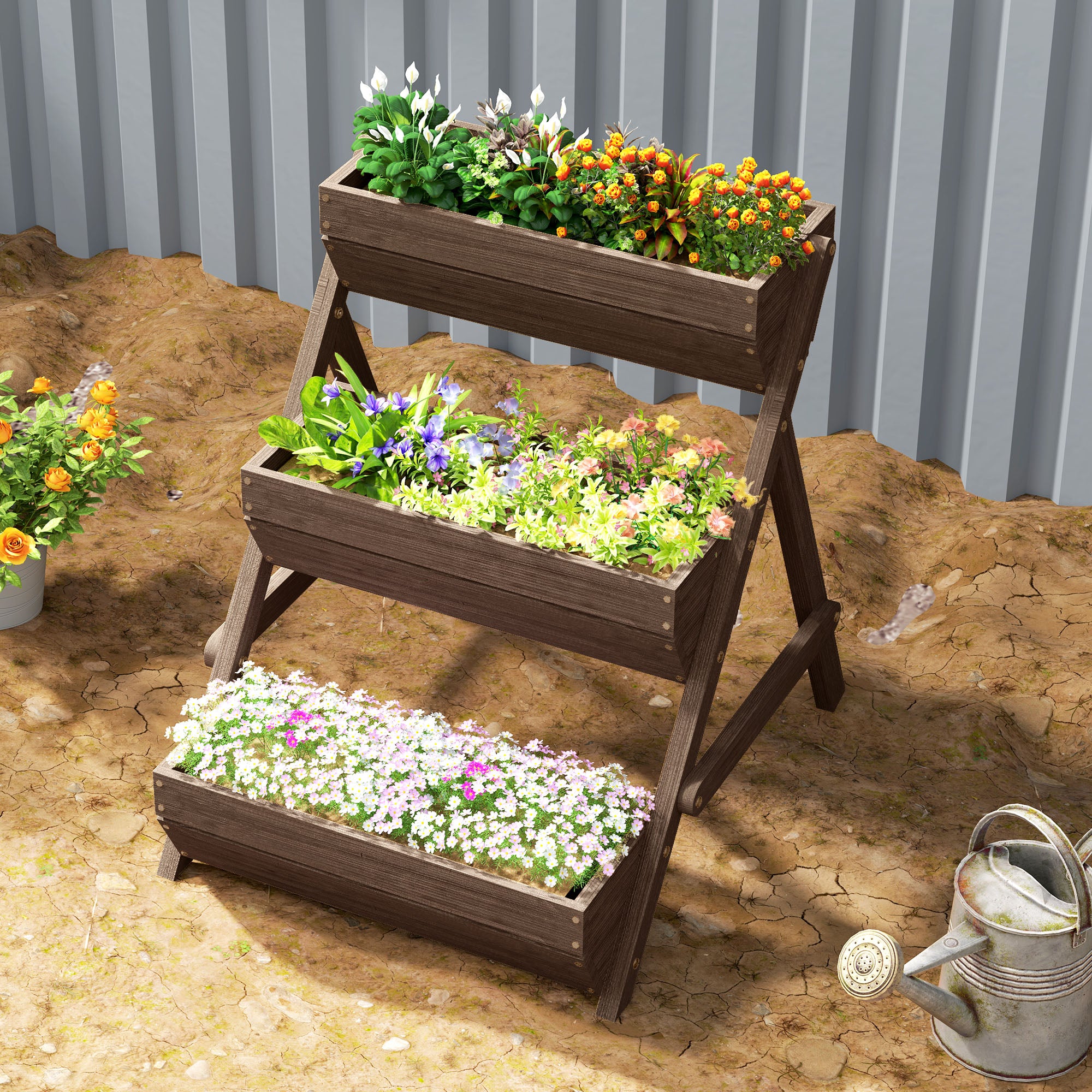 Premium 3-Tier Raised Garden Bed Wood Planter Kit in tan on an A-frame stand, filled with colorful flowers outside.