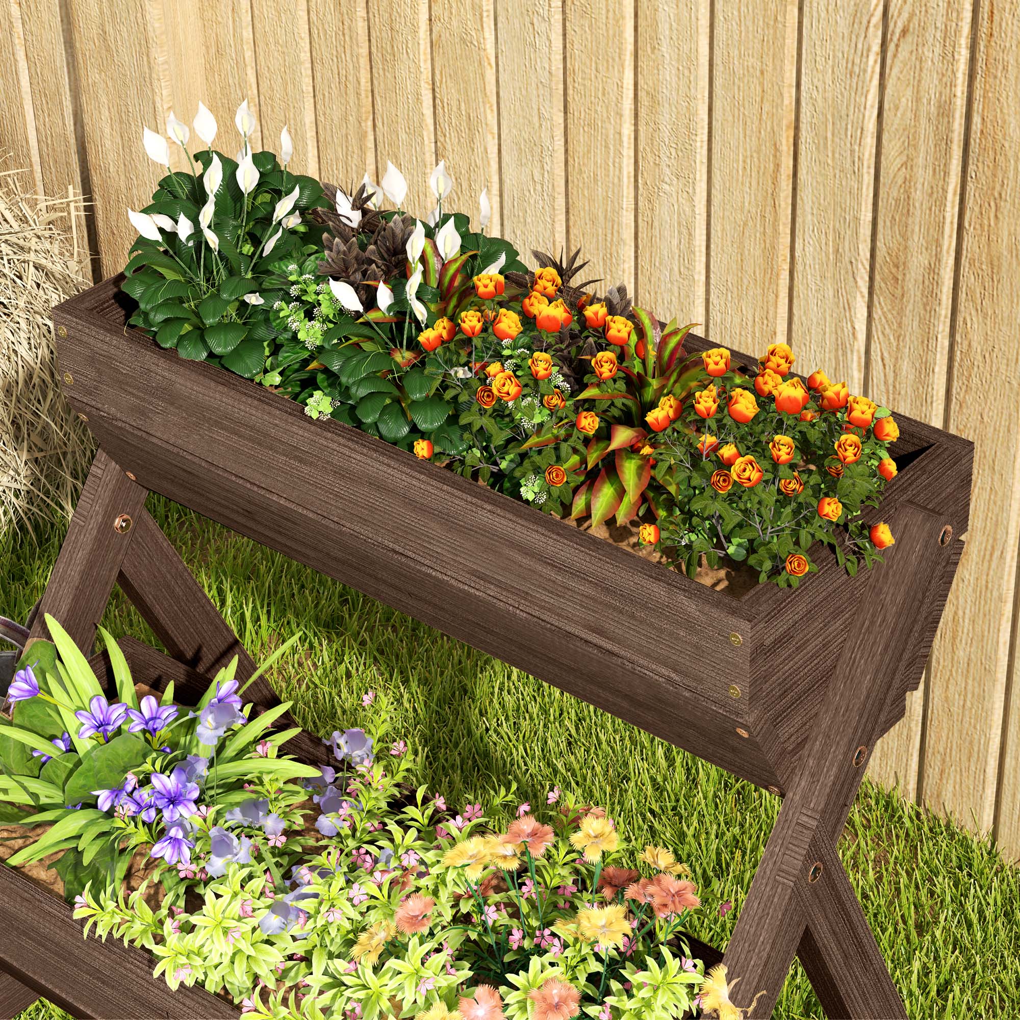 Tan three-tier wooden raised garden bed planter on legs, filled with orange roses and mixed flowers.