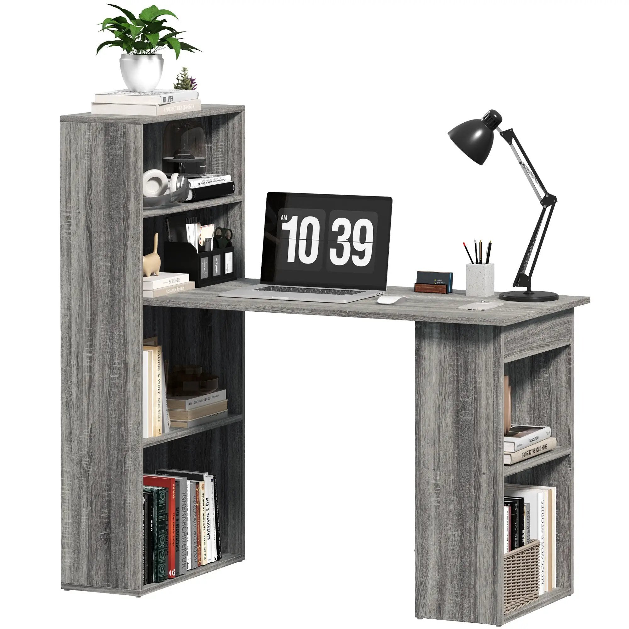 HOMCOM HOMCOM 120cm Computer Desk Bookshelf Writing Table Workstation 6 Shelves Grey - Desk