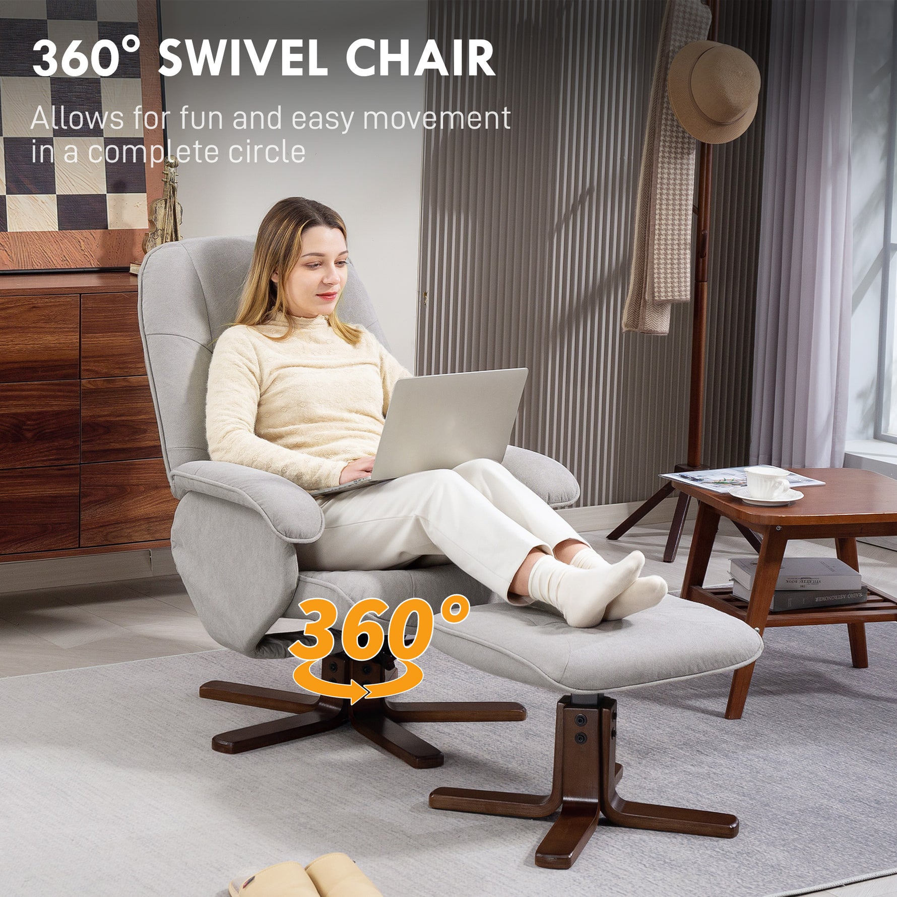 HOMCOM Swivel Recliner Chair With Footstool Wooden Base Home - HOMCOM - Home Symphony