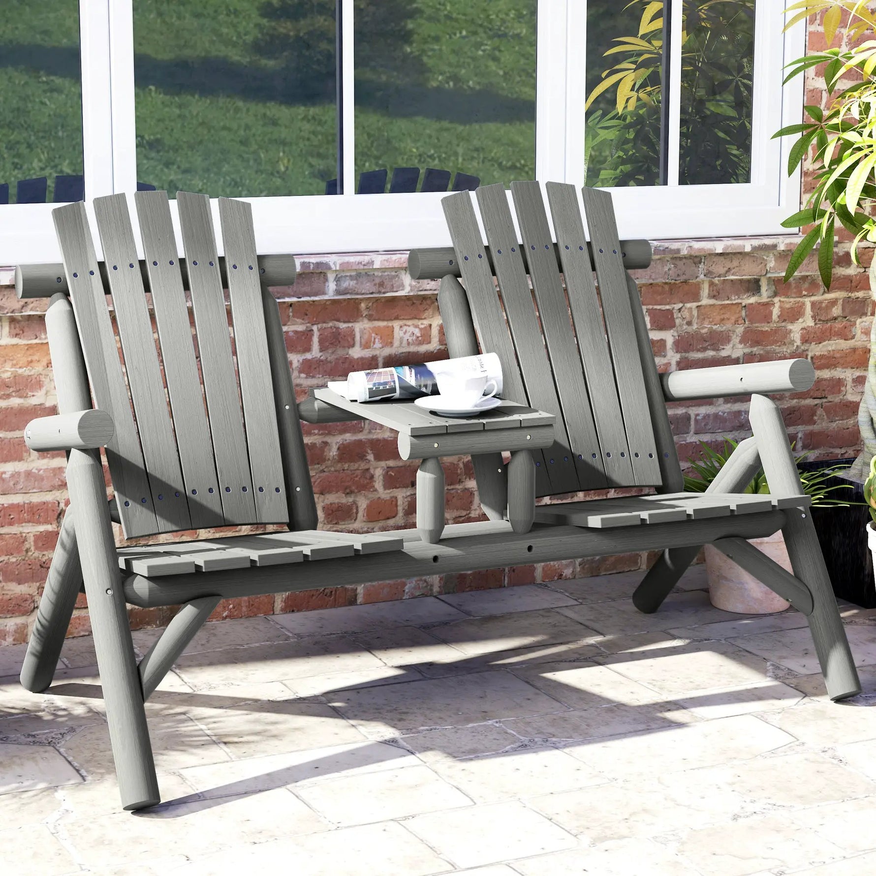 Outsunny Outsunny Wood Patio Bench 2 Seats w/ Centre Coffee Table, Grey - Garden Chairs
