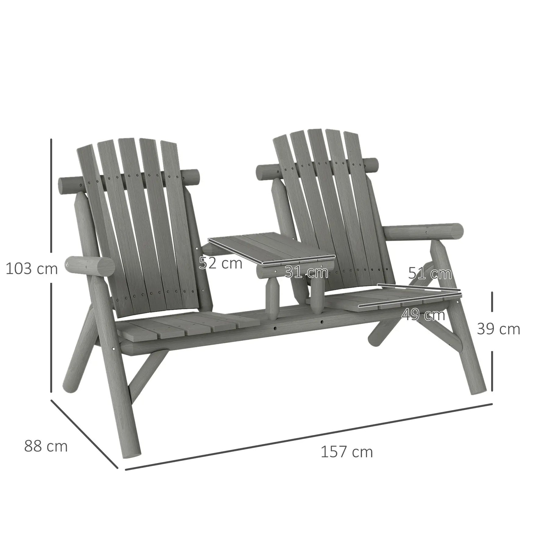 Outsunny Outsunny Wood Patio Bench 2 Seats w/ Centre Coffee Table, Grey - Garden Chairs