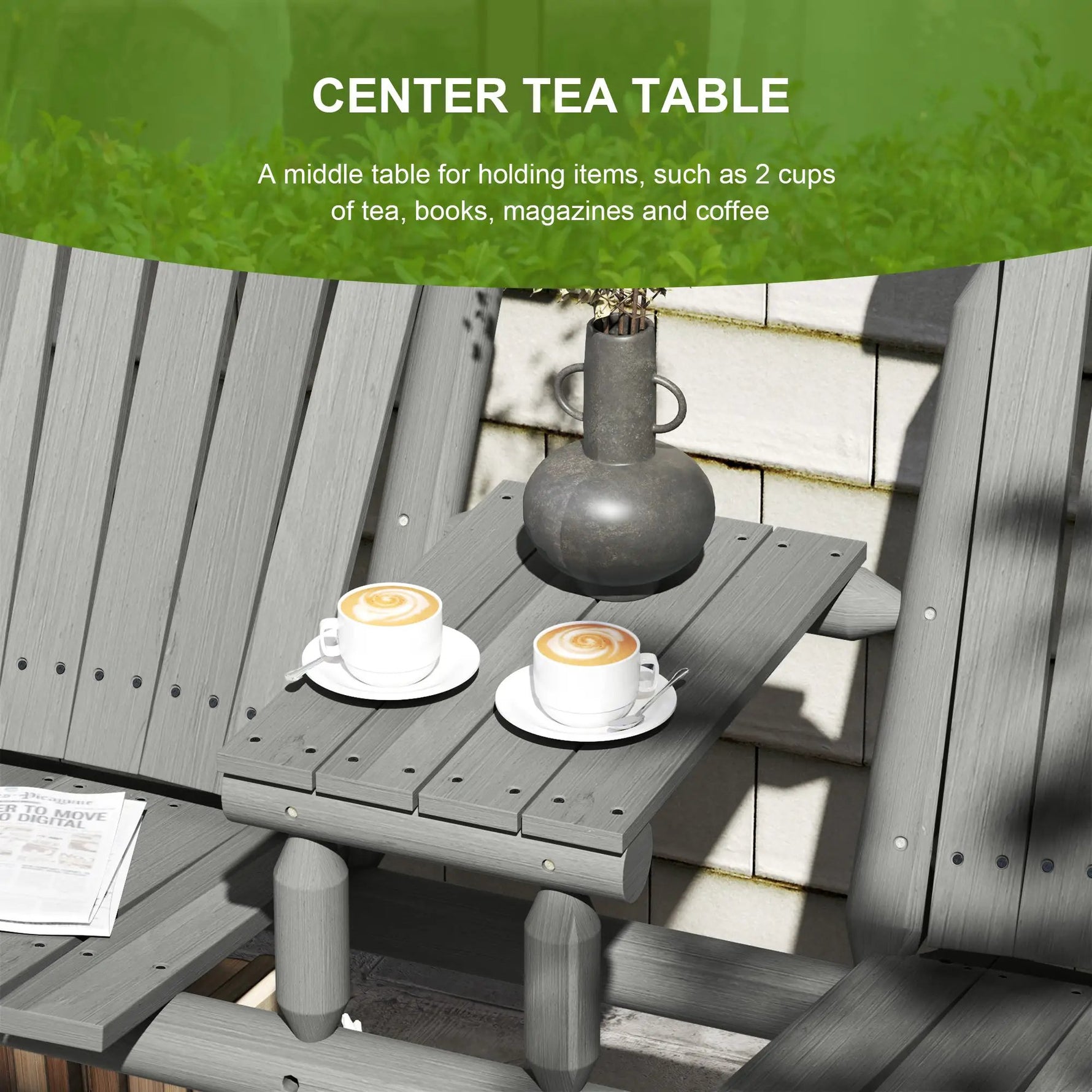 Outsunny Outsunny Wood Patio Bench 2 Seats w/ Centre Coffee Table, Grey - Garden Chairs