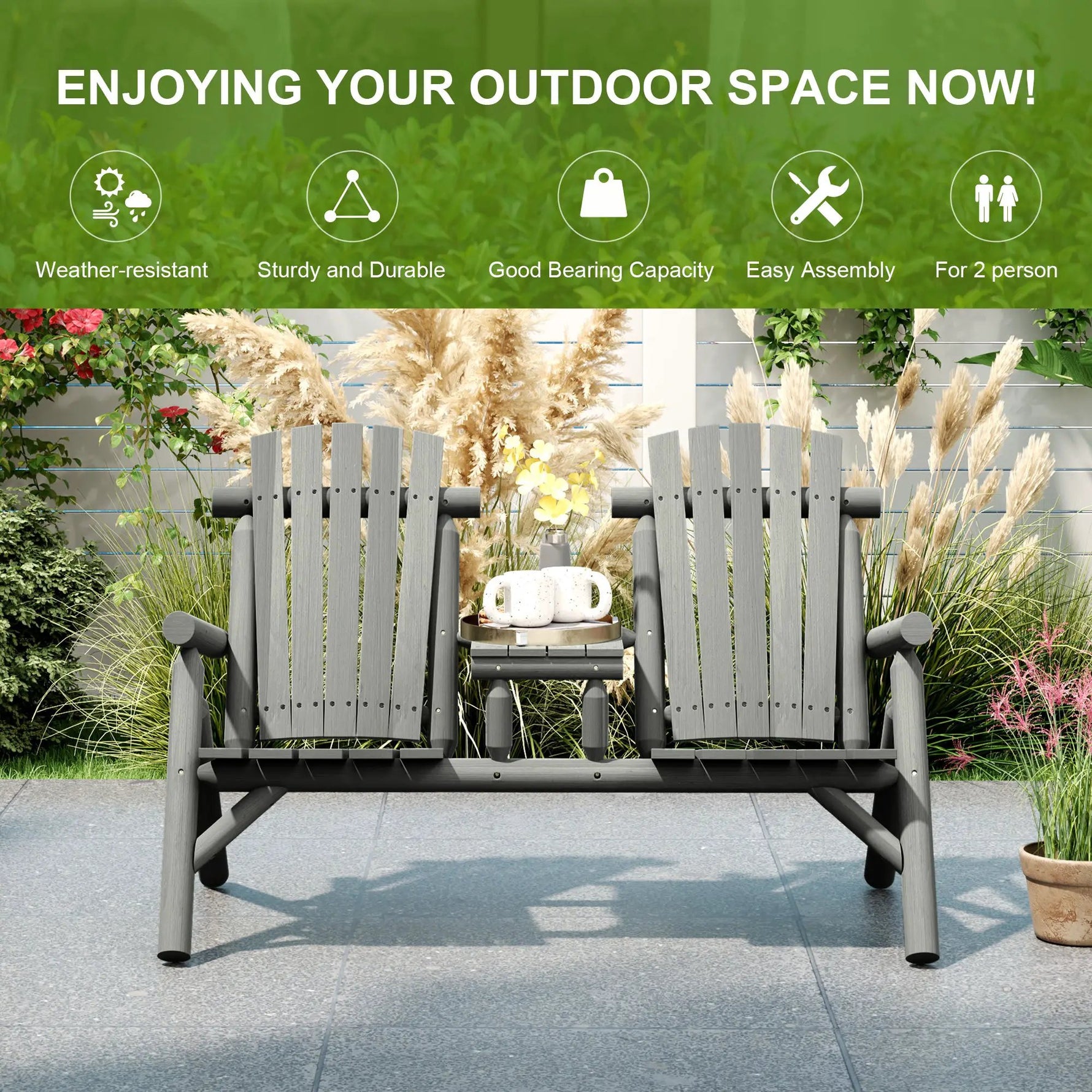 Outsunny Outsunny Wood Patio Bench 2 Seats w/ Centre Coffee Table, Grey - Garden Chairs