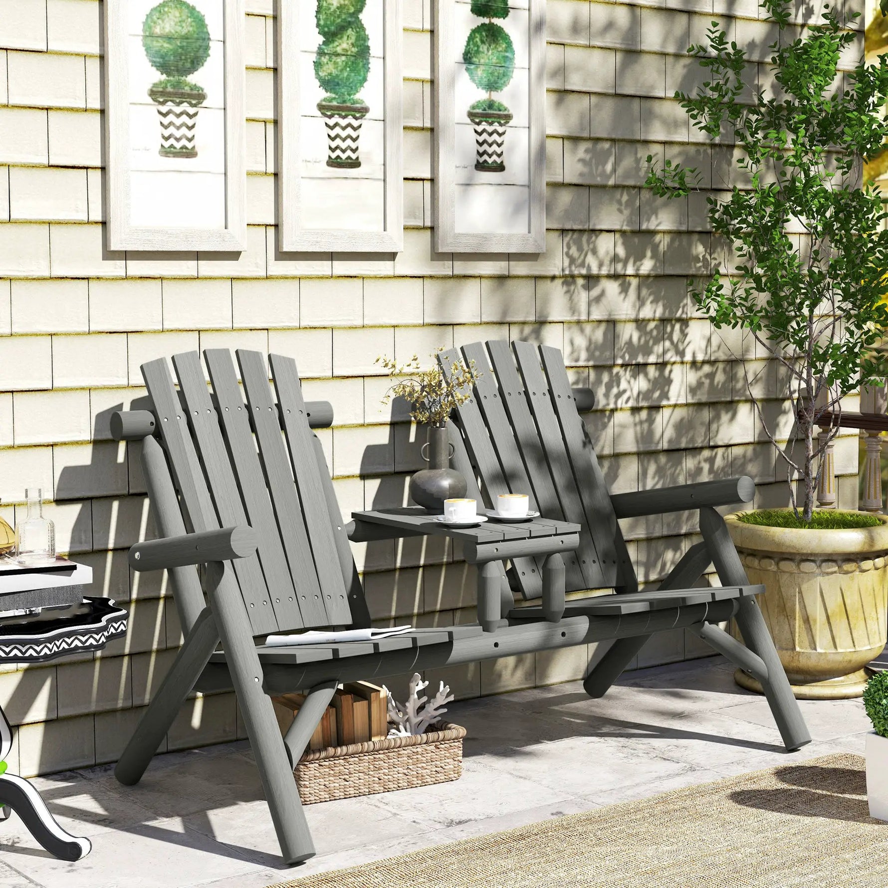 Outsunny Outsunny Wood Patio Bench 2 Seats w/ Centre Coffee Table, Grey - Garden Chairs