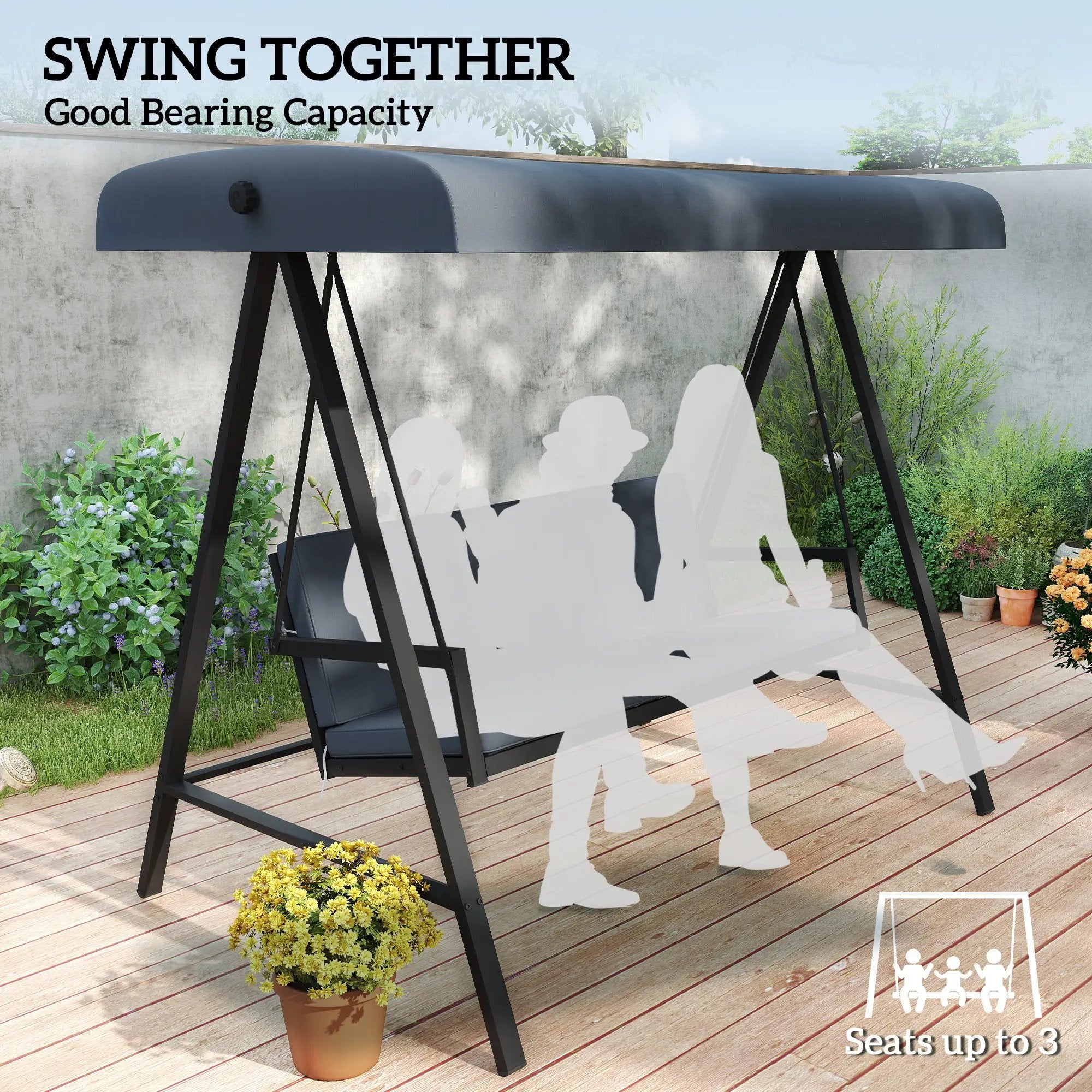 Outsunny Outsunny 3 Seater Garden Swing Chair with Adjustable Canopy, Dark Grey - Hammocks