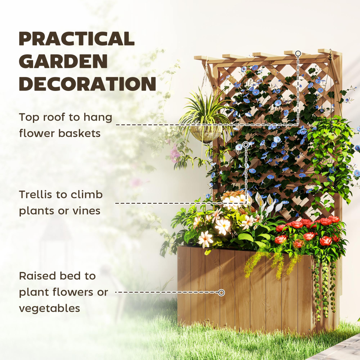Outsunny wooden planter trellis with drainage holes, raised bed, and built-in trellis for climbing plants.