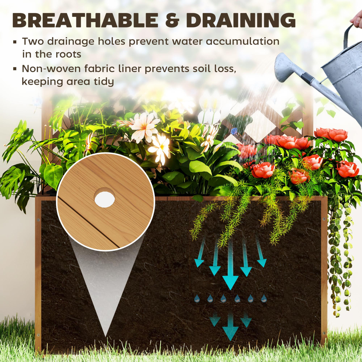 Outsunny 24in wooden planter with built-in trellis and drainage holes in natural fir wood.