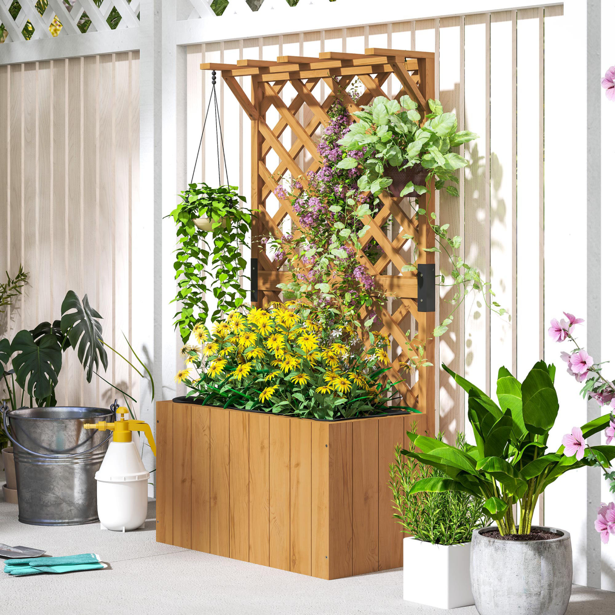 Outsunny 24-in wooden planter with built-in trellis, drainage holes, natural fir wood for patio gardens.
