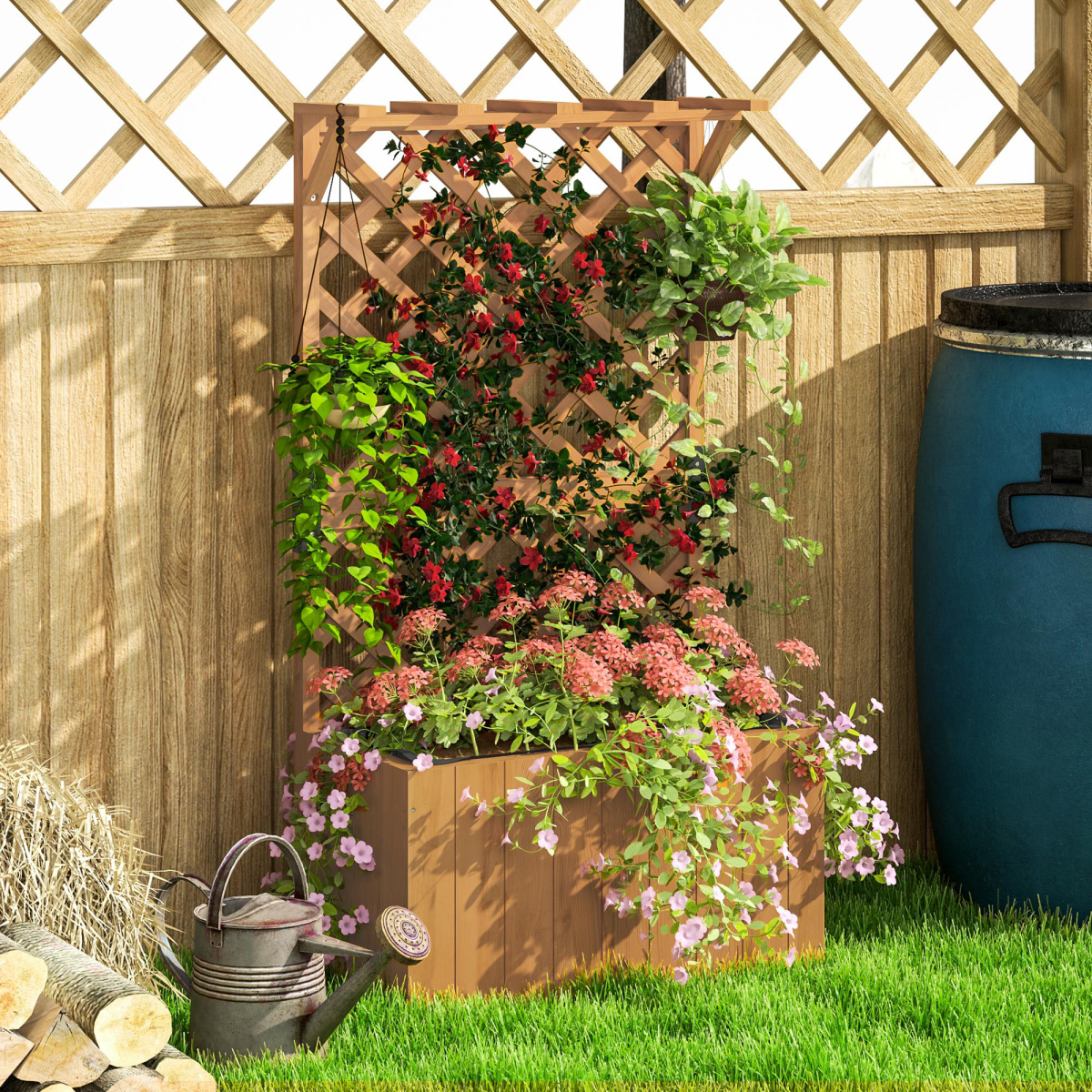 Outsunny 24-inch wooden planter trellis with drainage holes and built-in climbing bed.