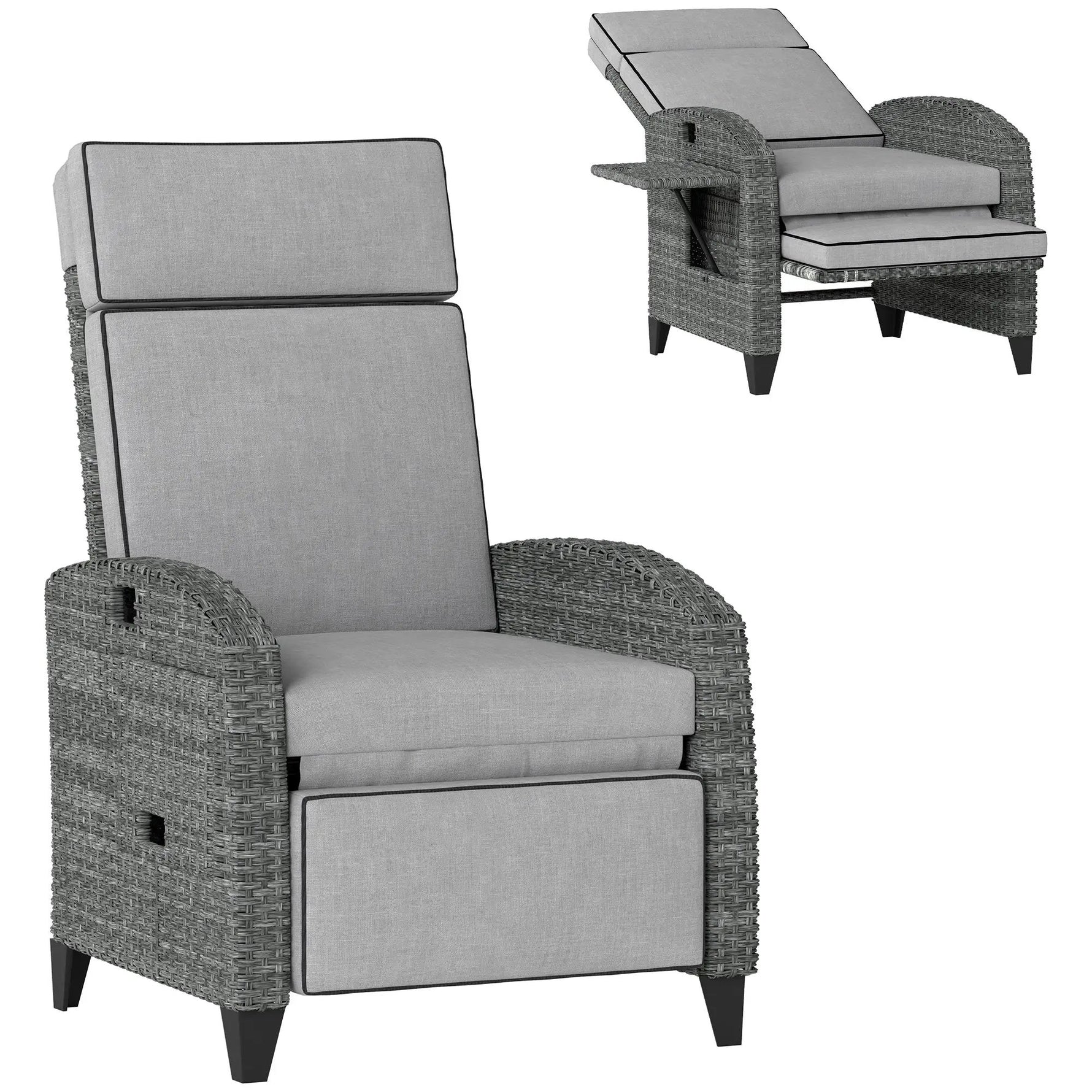 Outsunny Outsunny Outdoor Recliner Chair w/ Cushion Rattan Reclining Lounge Chair, Grey - Sun Lounger